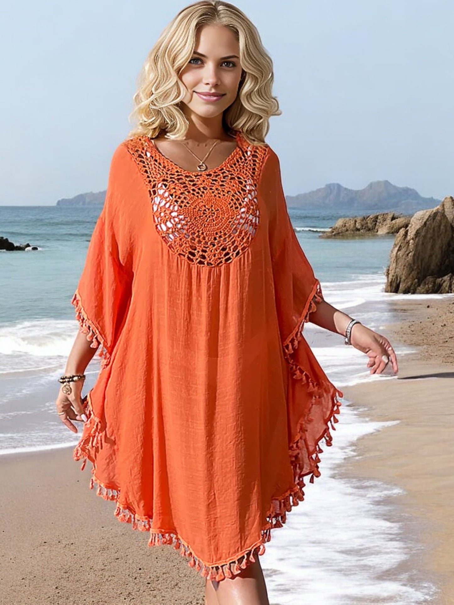 Anna-Kaci Women's Beach Cover-Up with Crochet Detailing and Tassel Trim