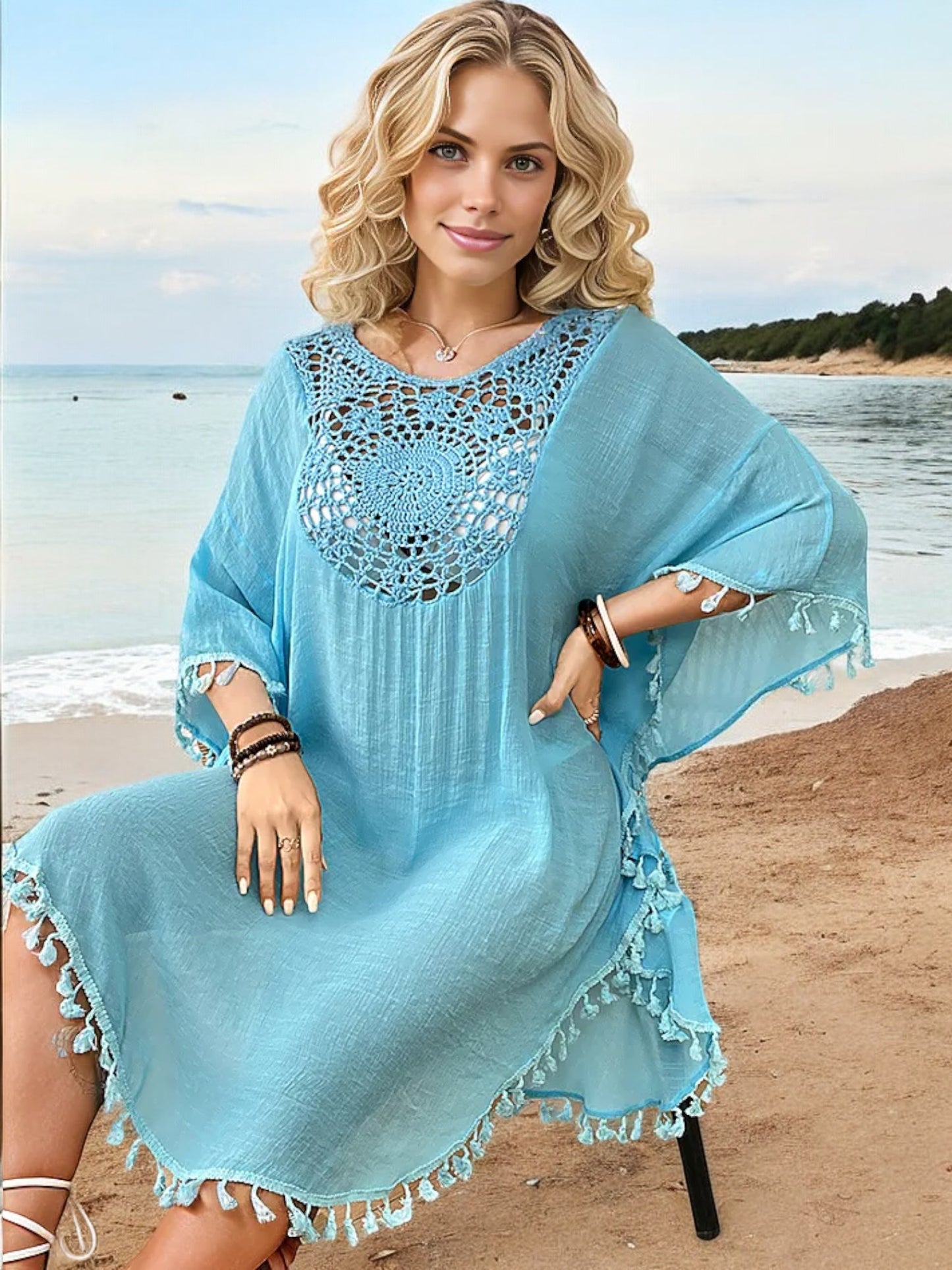 Anna-Kaci Women's Beach Cover-Up with Crochet Detailing and Tassel Trim