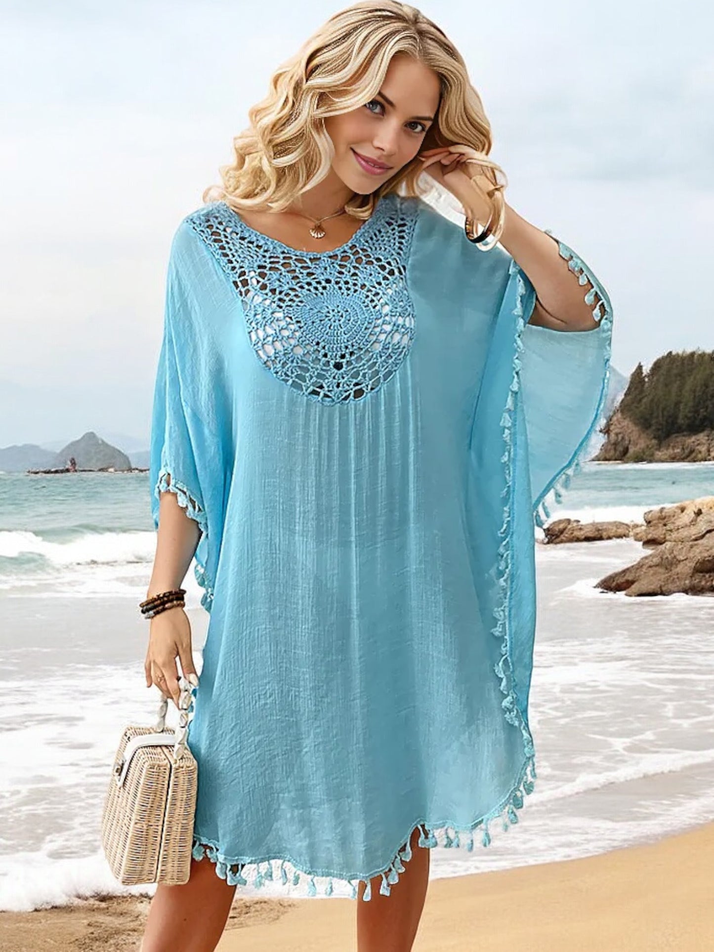 Anna-Kaci Women's Beach Cover-Up with Crochet Detailing and Tassel Trim