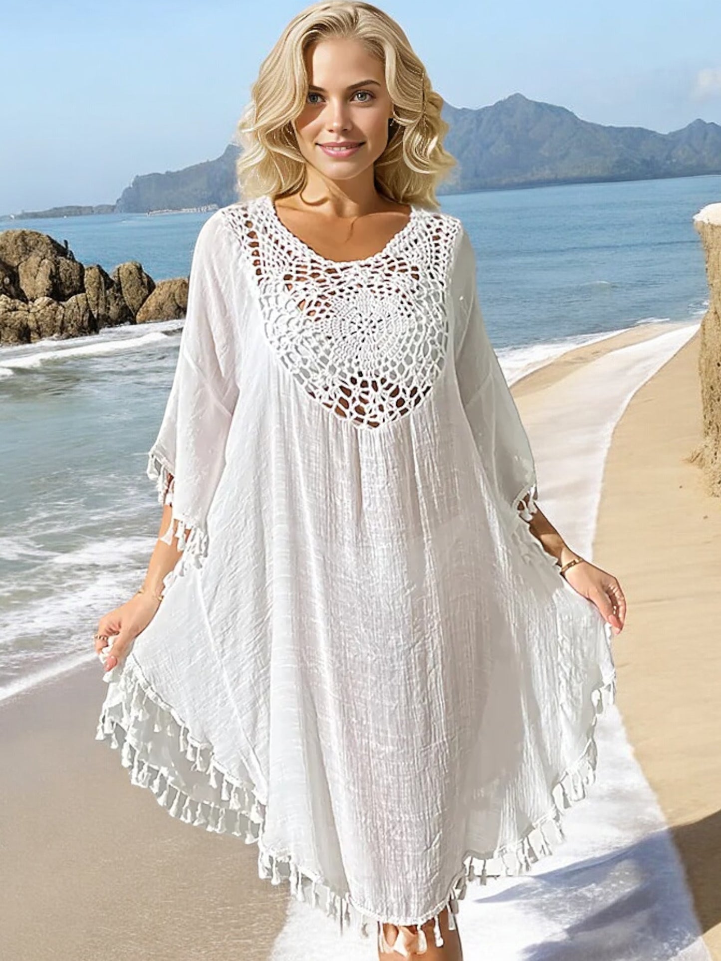 Anna-Kaci Women's Beach Cover-Up with Crochet Detailing and Tassel Trim