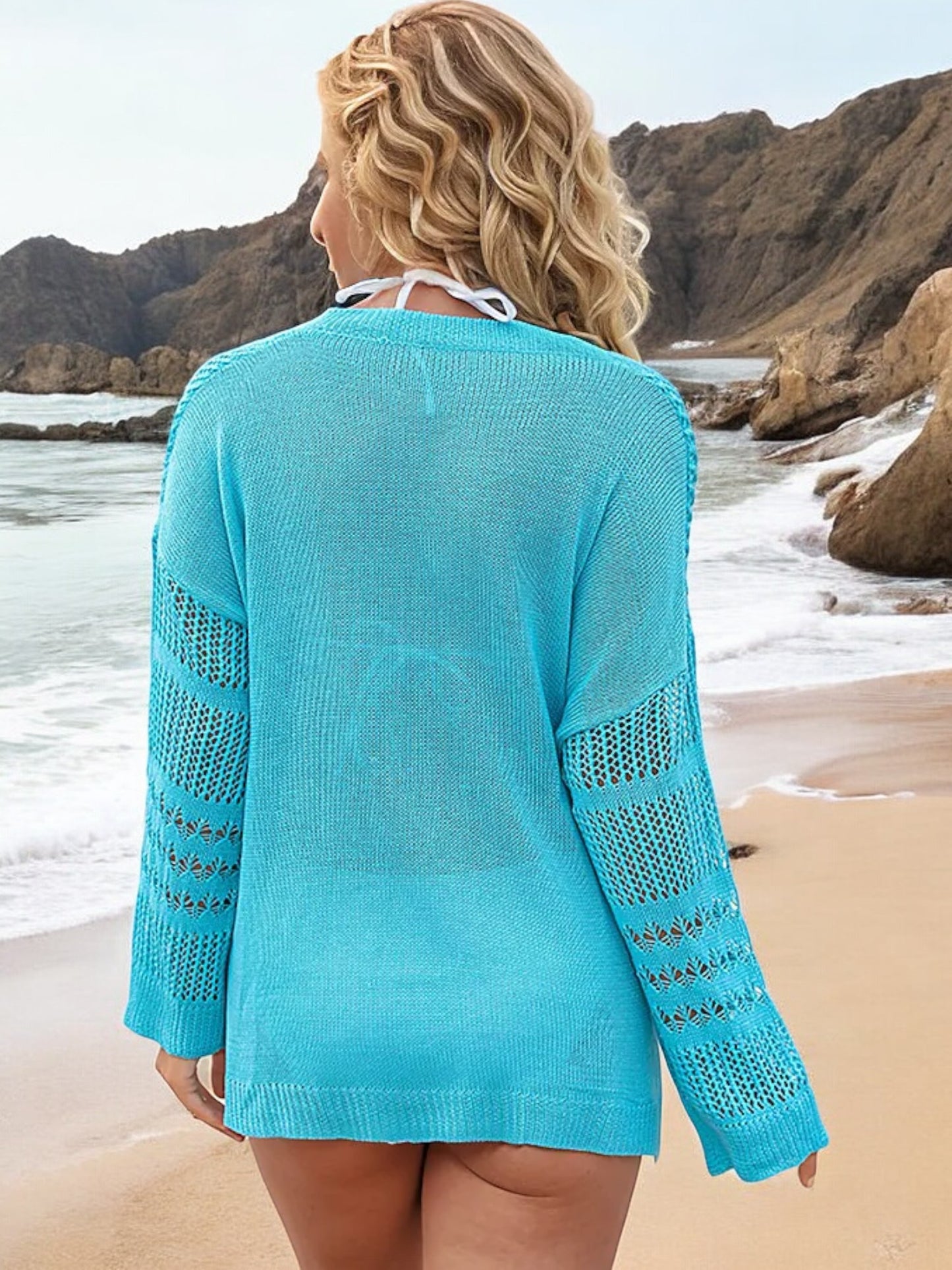 Anna-Kaci Women's Oversized Knit Beach Cover-Up Sweater with V-Neck and Crochet Details