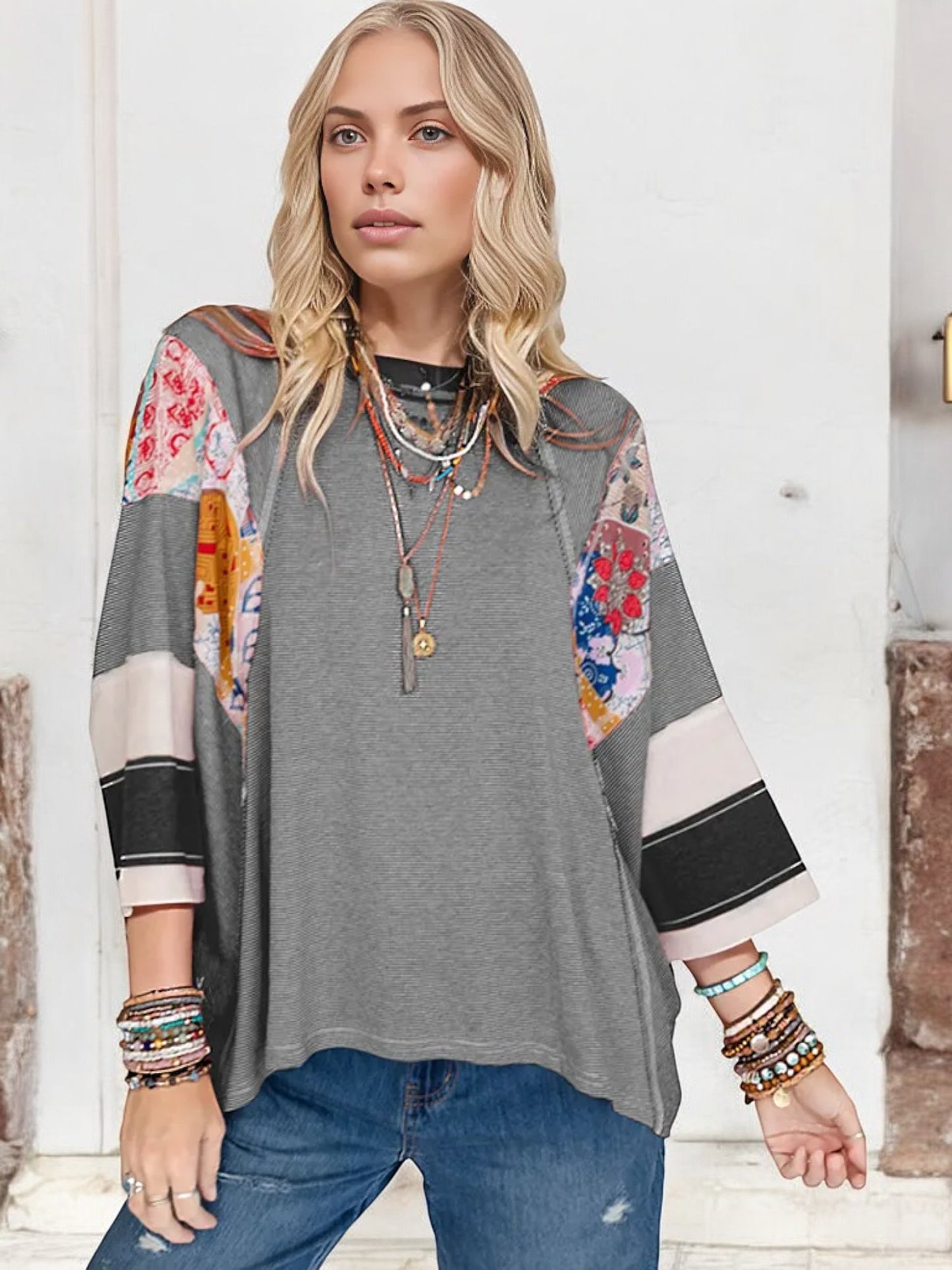 Anna-Kaci Women's Patchwork Sleeve Boho Top with 3/4 Sleeves and Relaxed Fit