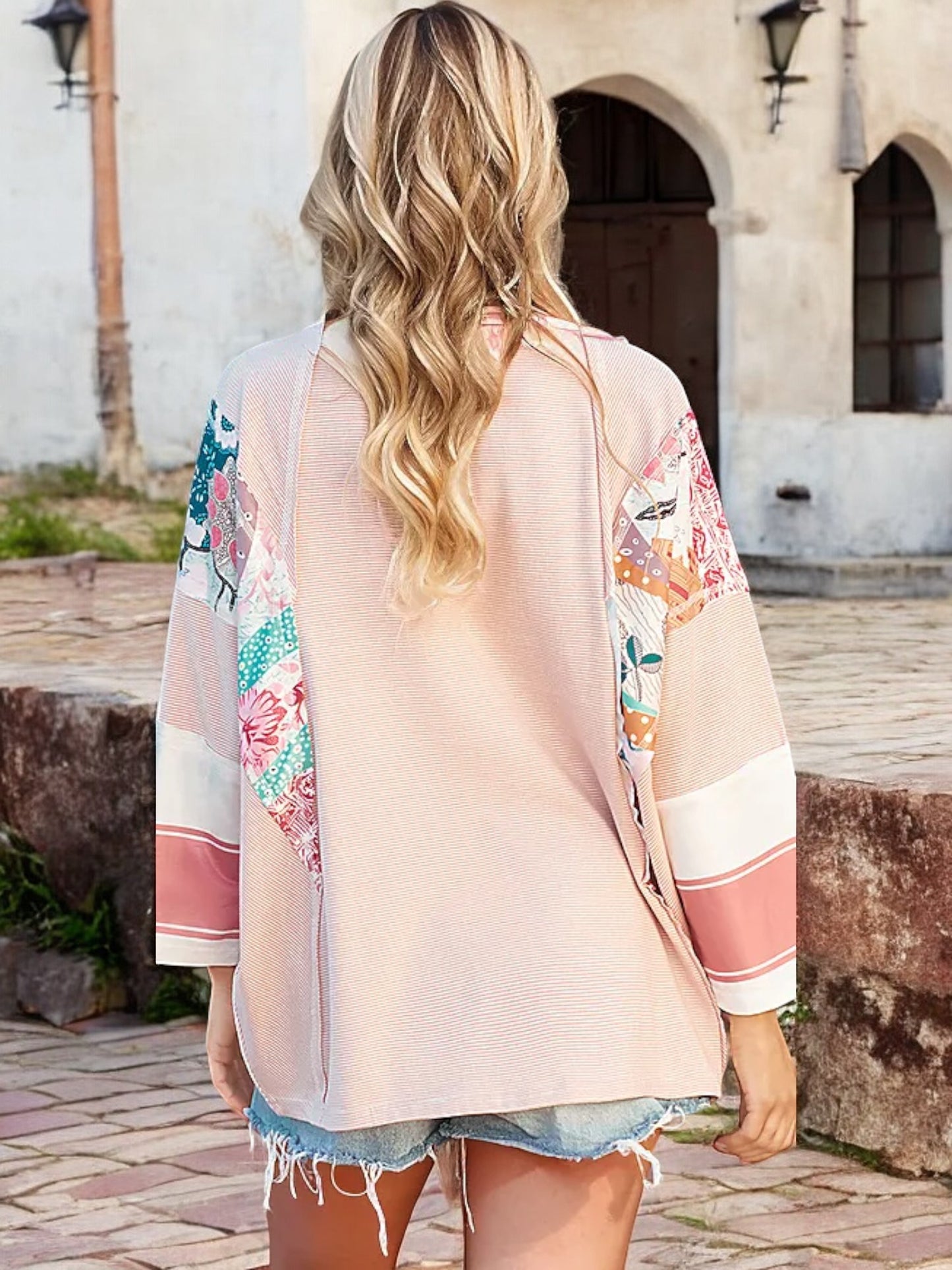 Anna-Kaci Women's Patchwork Sleeve Boho Top with 3/4 Sleeves and Relaxed Fit