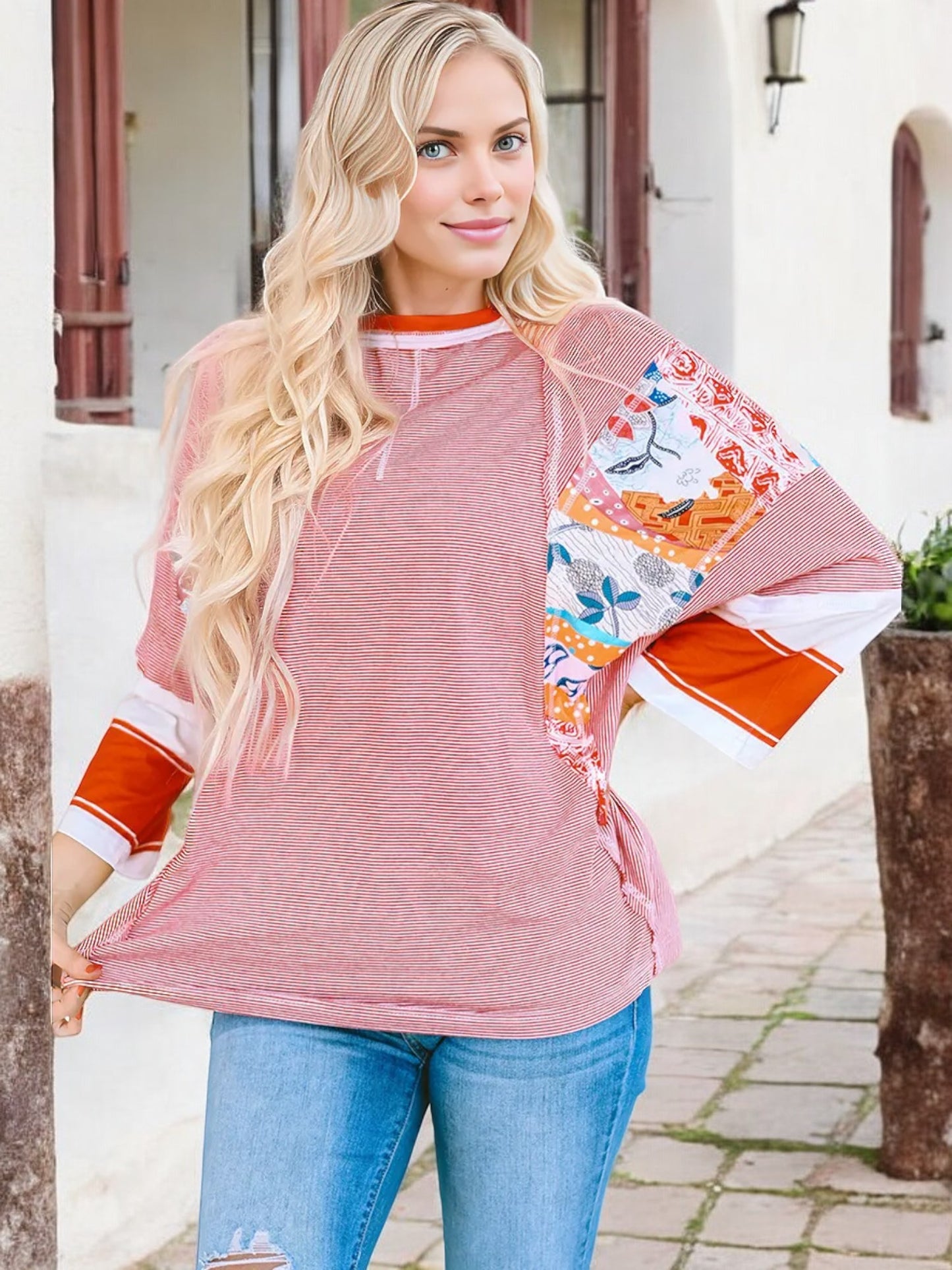 Anna-Kaci Women's Patchwork Sleeve Boho Top with 3/4 Sleeves and Relaxed Fit