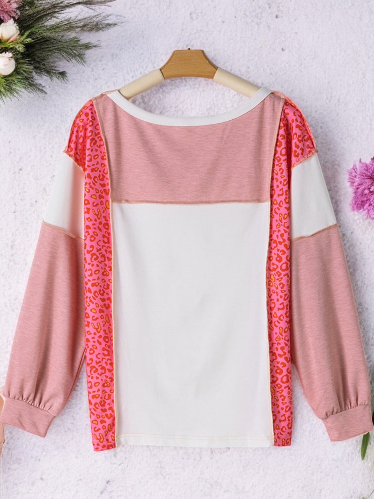 Anna-Kaci Women's Off-Shoulder Long Sleeve Color Block Top with Leopard Print Accents