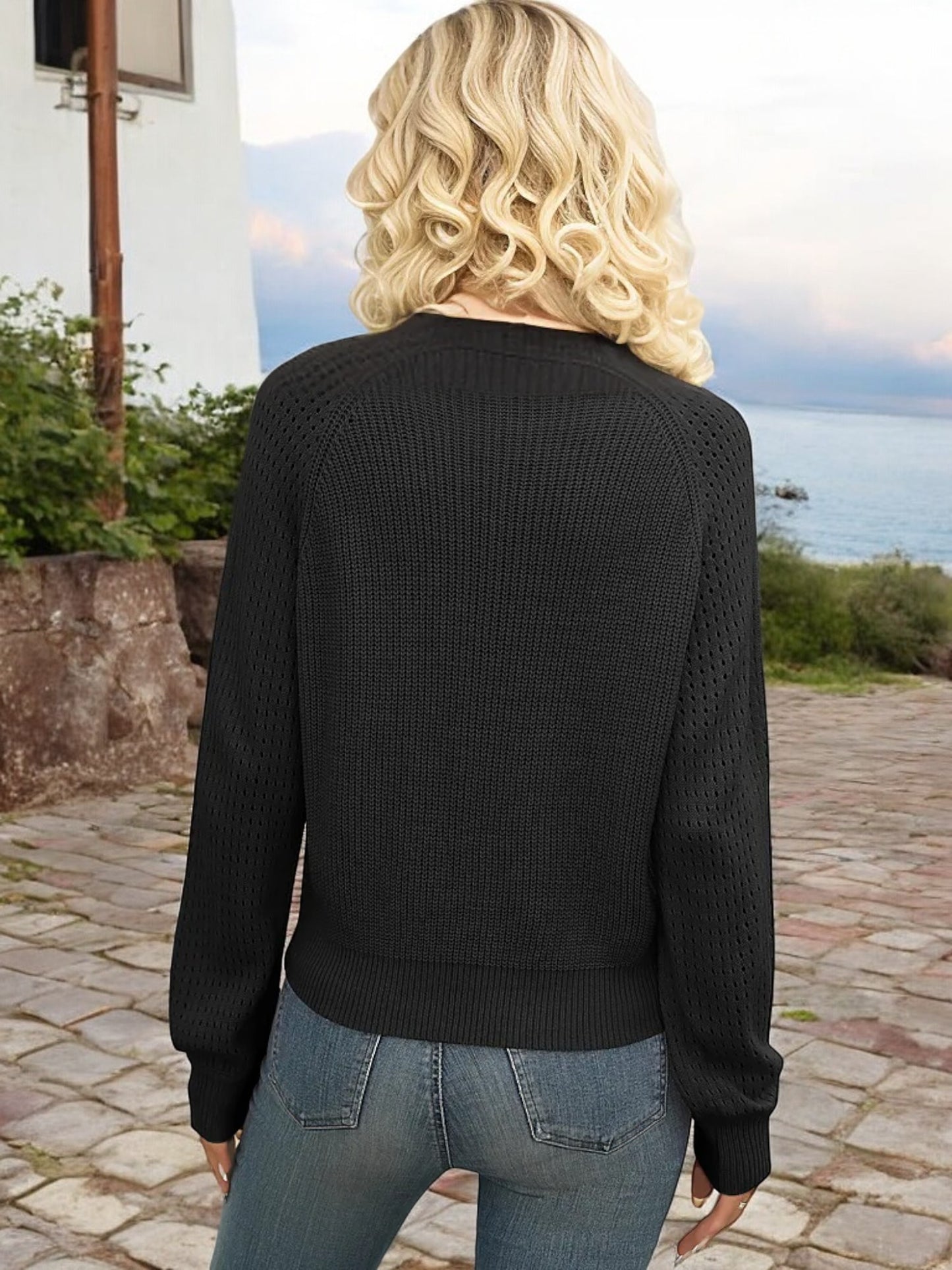 Anna-Kaci Women's V-Neck Knit Sweater with Long Balloon Sleeves and Pointelle Detailing