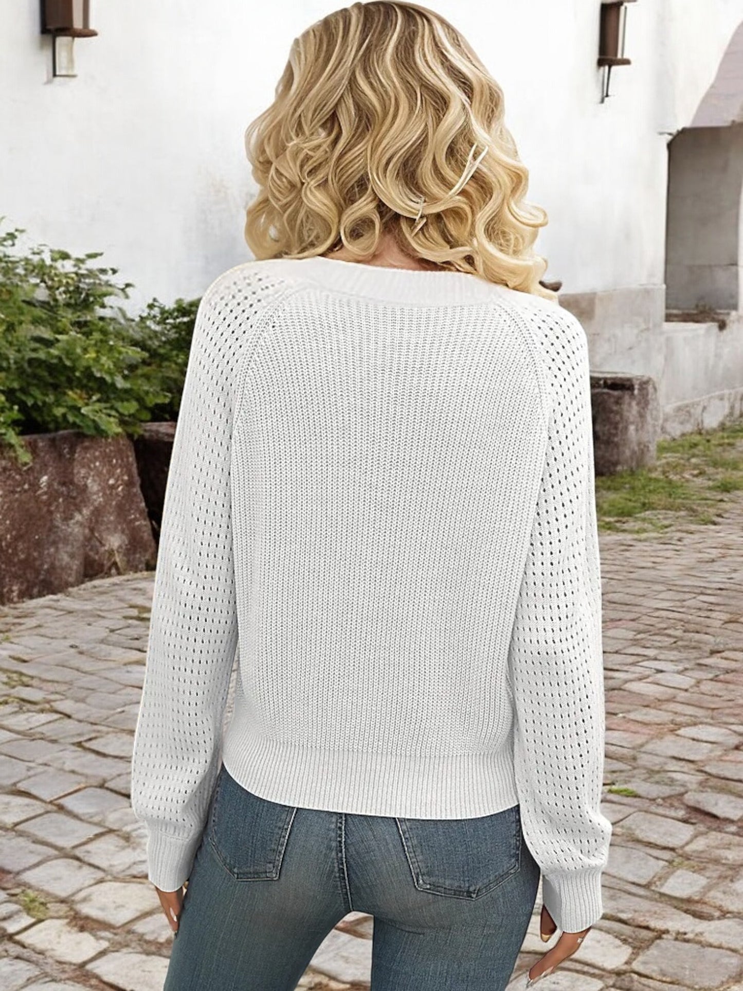 Anna-Kaci Women's V-Neck Knit Sweater with Long Balloon Sleeves and Pointelle Detailing