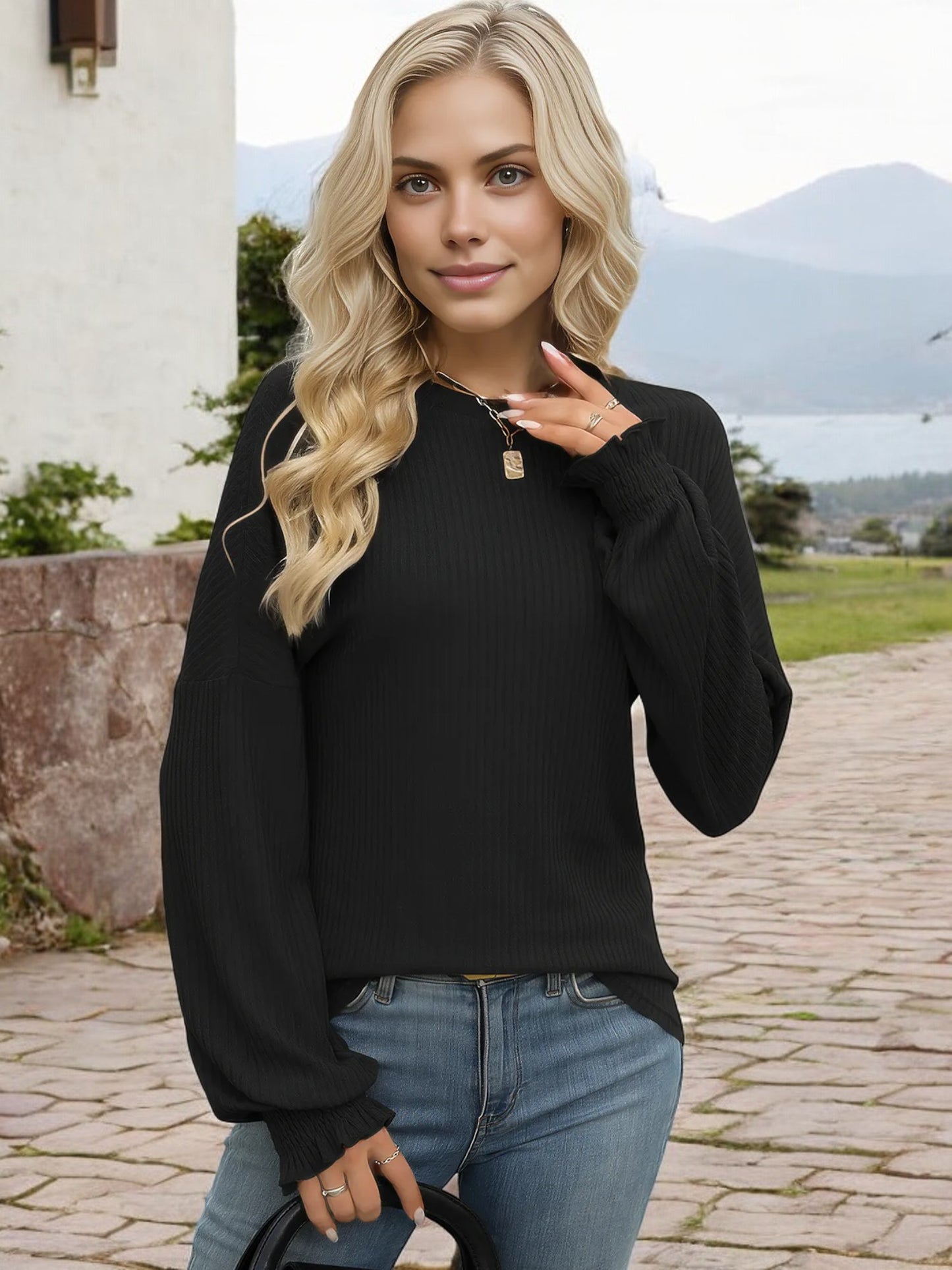 Anna-Kaci Women's Long Sleeve Ribbed Knit Sweater with Shirred Cuffs and Relaxed Fit