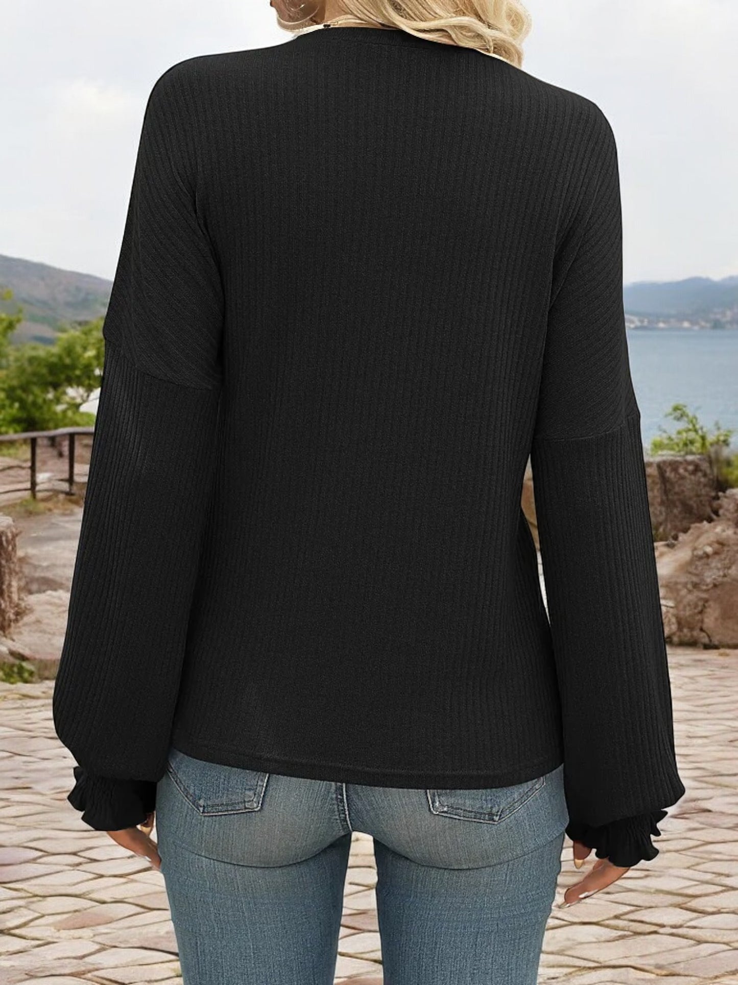 Anna-Kaci Women's Long Sleeve Ribbed Knit Sweater with Shirred Cuffs and Relaxed Fit