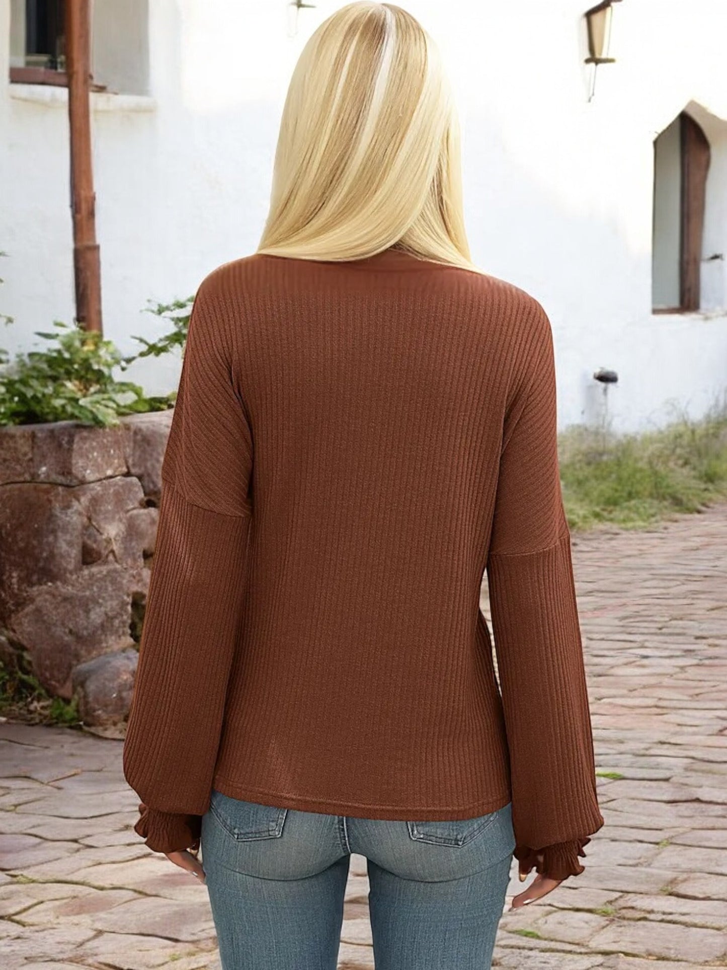 Anna-Kaci Women's Long Sleeve Ribbed Knit Sweater with Shirred Cuffs and Relaxed Fit