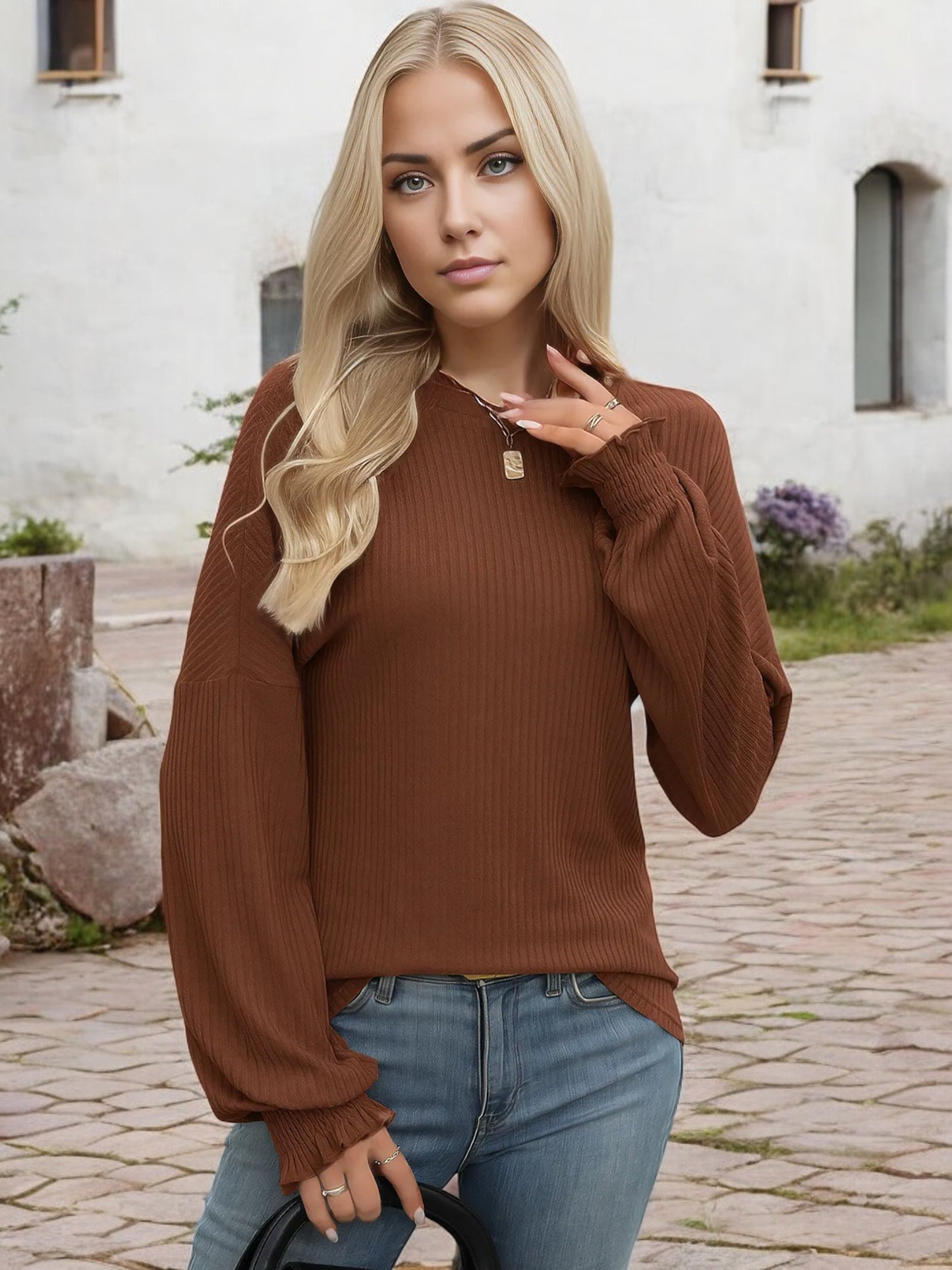 Anna-Kaci Women's Long Sleeve Ribbed Knit Sweater with Shirred Cuffs and Relaxed Fit