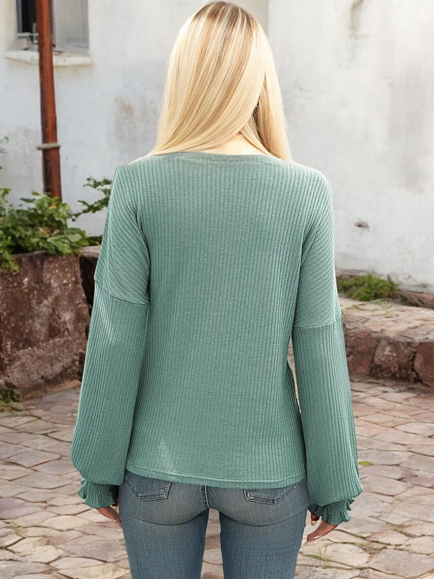 Anna-Kaci Women's Long Sleeve Ribbed Knit Sweater with Shirred Cuffs and Relaxed Fit
