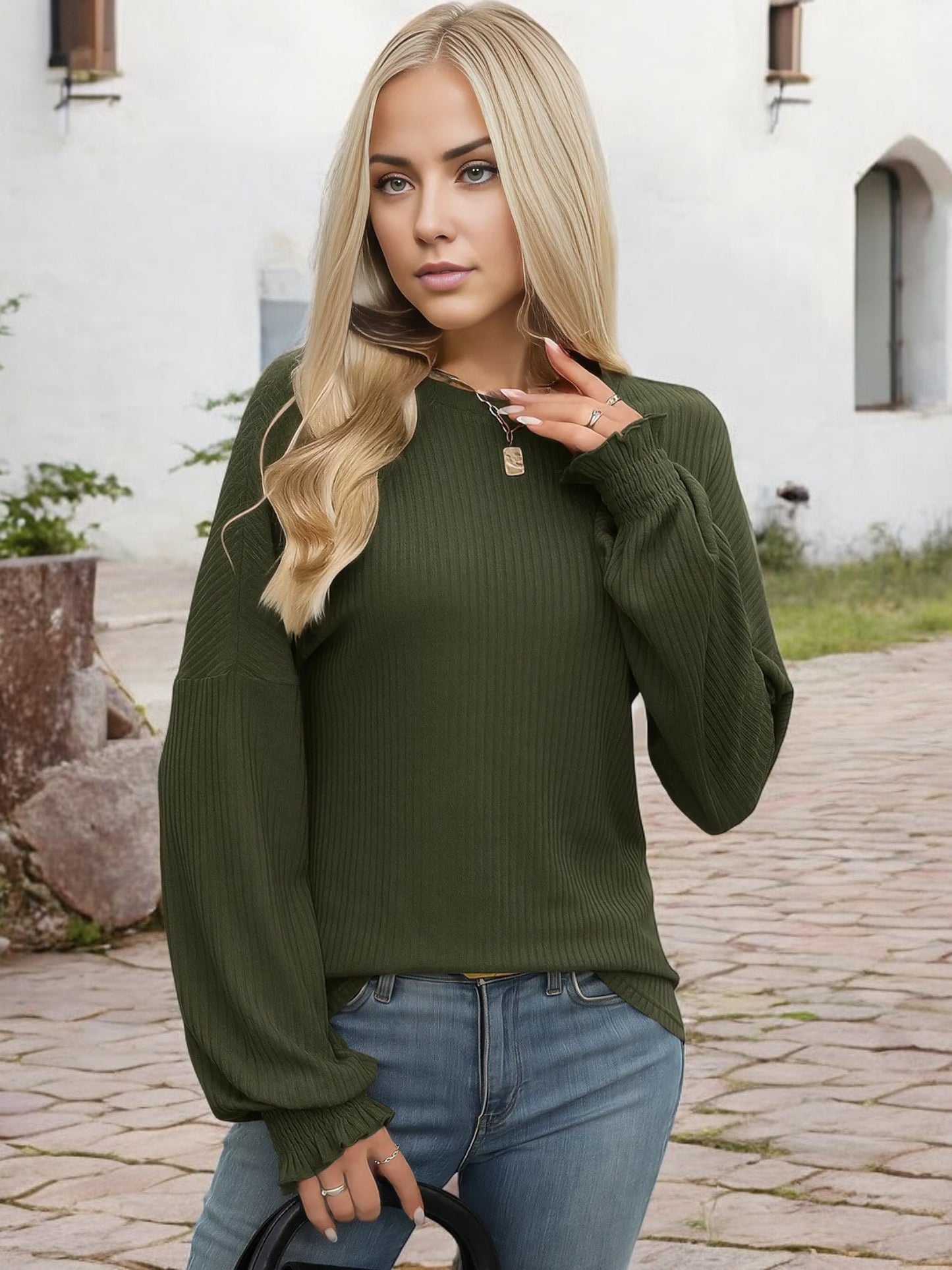 Anna-Kaci Women's Long Sleeve Ribbed Knit Sweater with Shirred Cuffs and Relaxed Fit