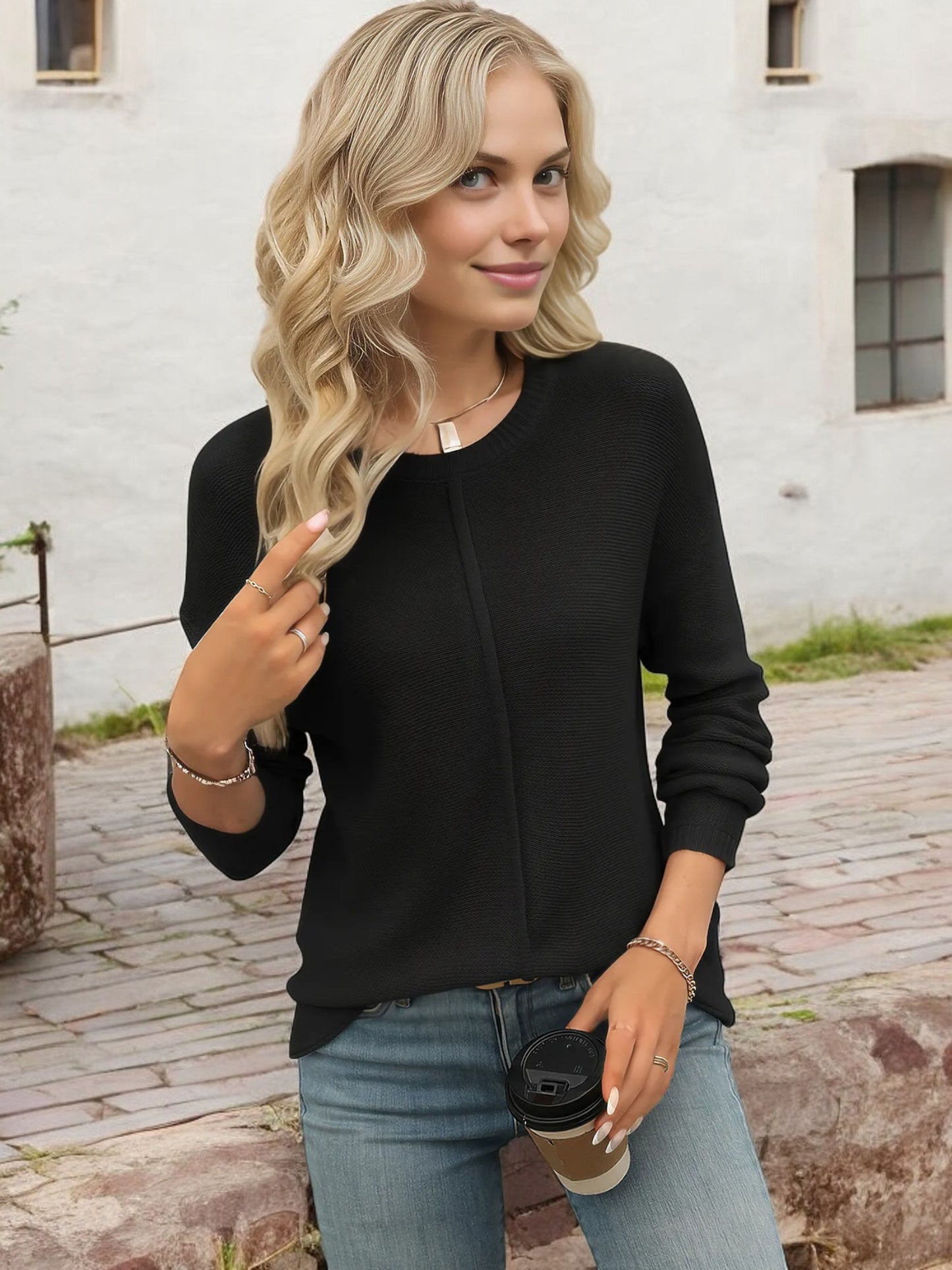 Anna-Kaci Women's Lightweight Knit Pullover Sweater with Seam Front Detail and Classic Crew Neck