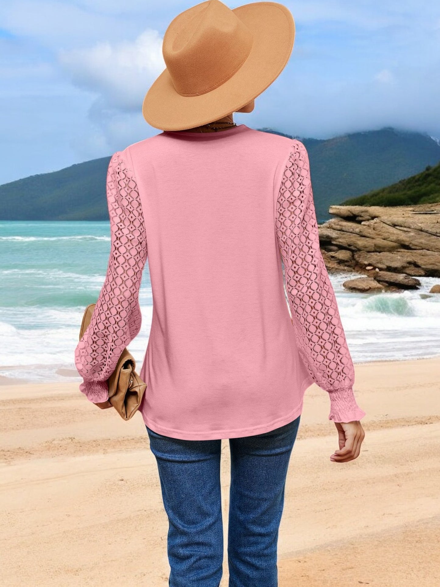 Anna-Kaci Women's V-Neck Lace Sleeve Blouse with Crochet Trim and Smocked Cuffs