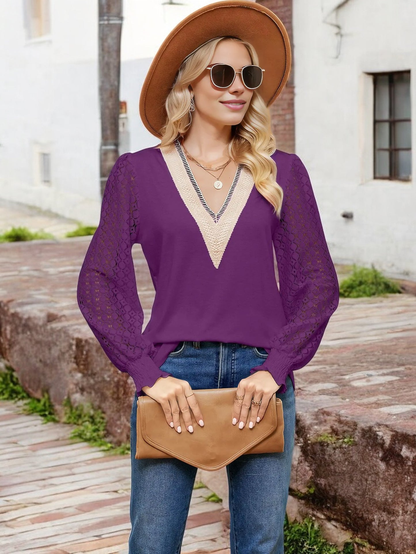Anna-Kaci Women's V-Neck Lace Sleeve Blouse with Crochet Trim and Smocked Cuffs