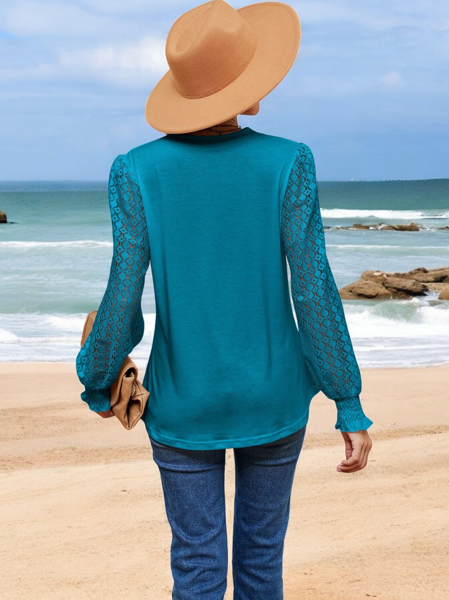 Anna-Kaci Women's V-Neck Lace Sleeve Blouse with Crochet Trim and Smocked Cuffs