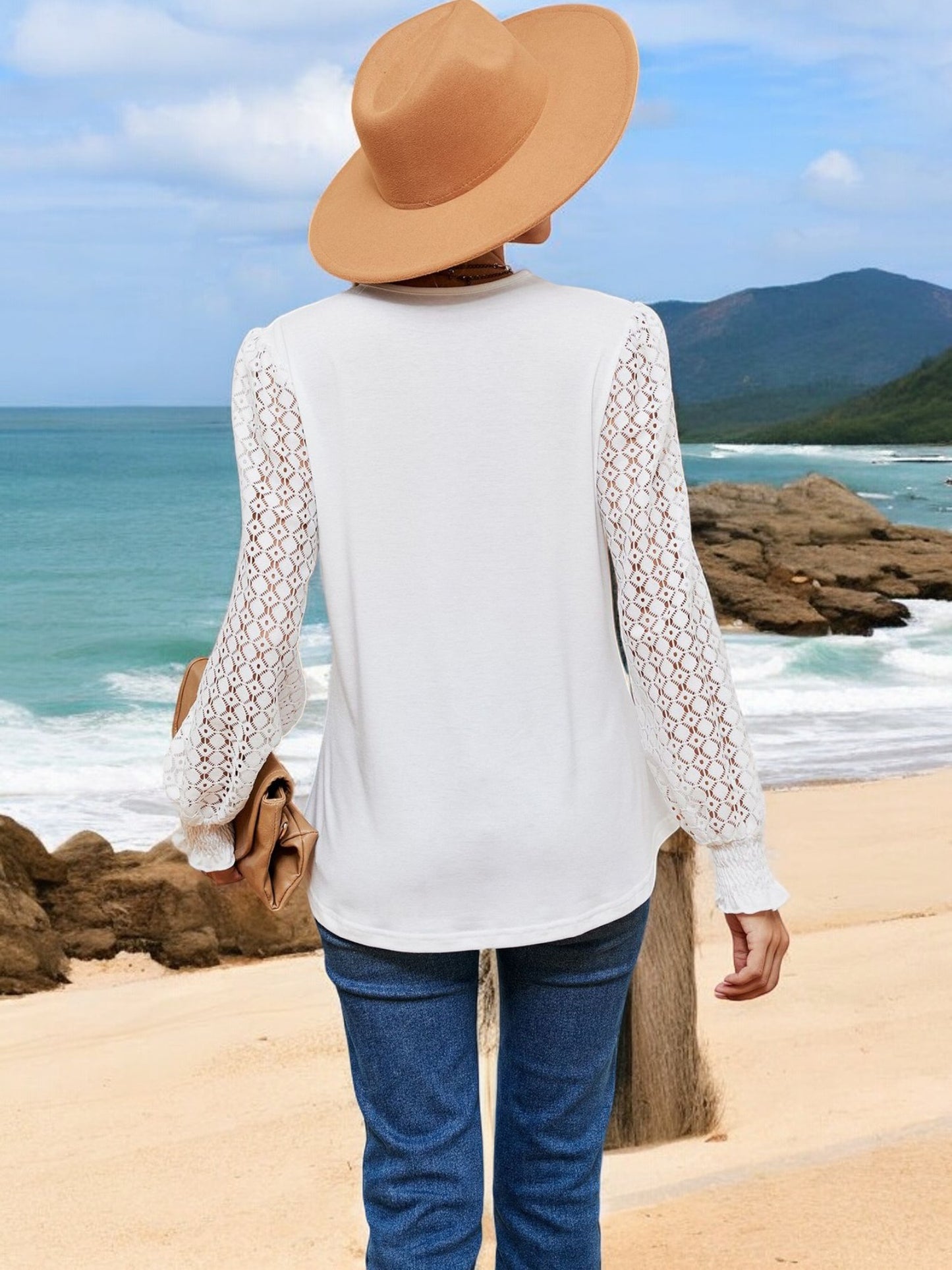 Anna-Kaci Women's V-Neck Lace Sleeve Blouse with Crochet Trim and Smocked Cuffs