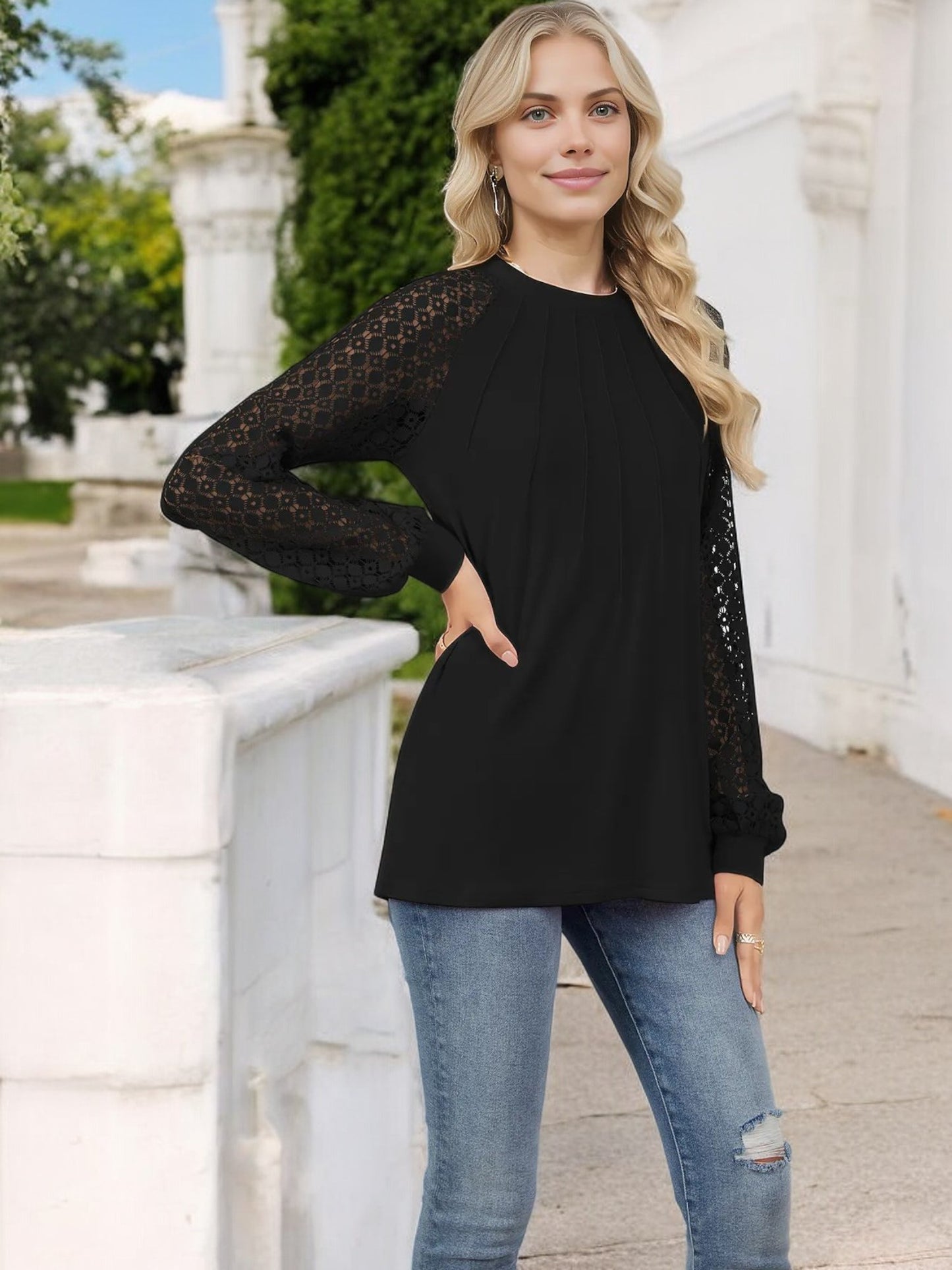 Anna-Kaci Women's Pleated Top with Lace Raglan Sleeves and Casual Fit