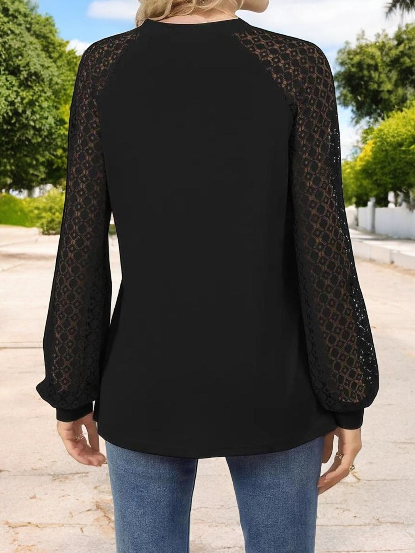 Anna-Kaci Women's Pleated Top with Lace Raglan Sleeves and Casual Fit