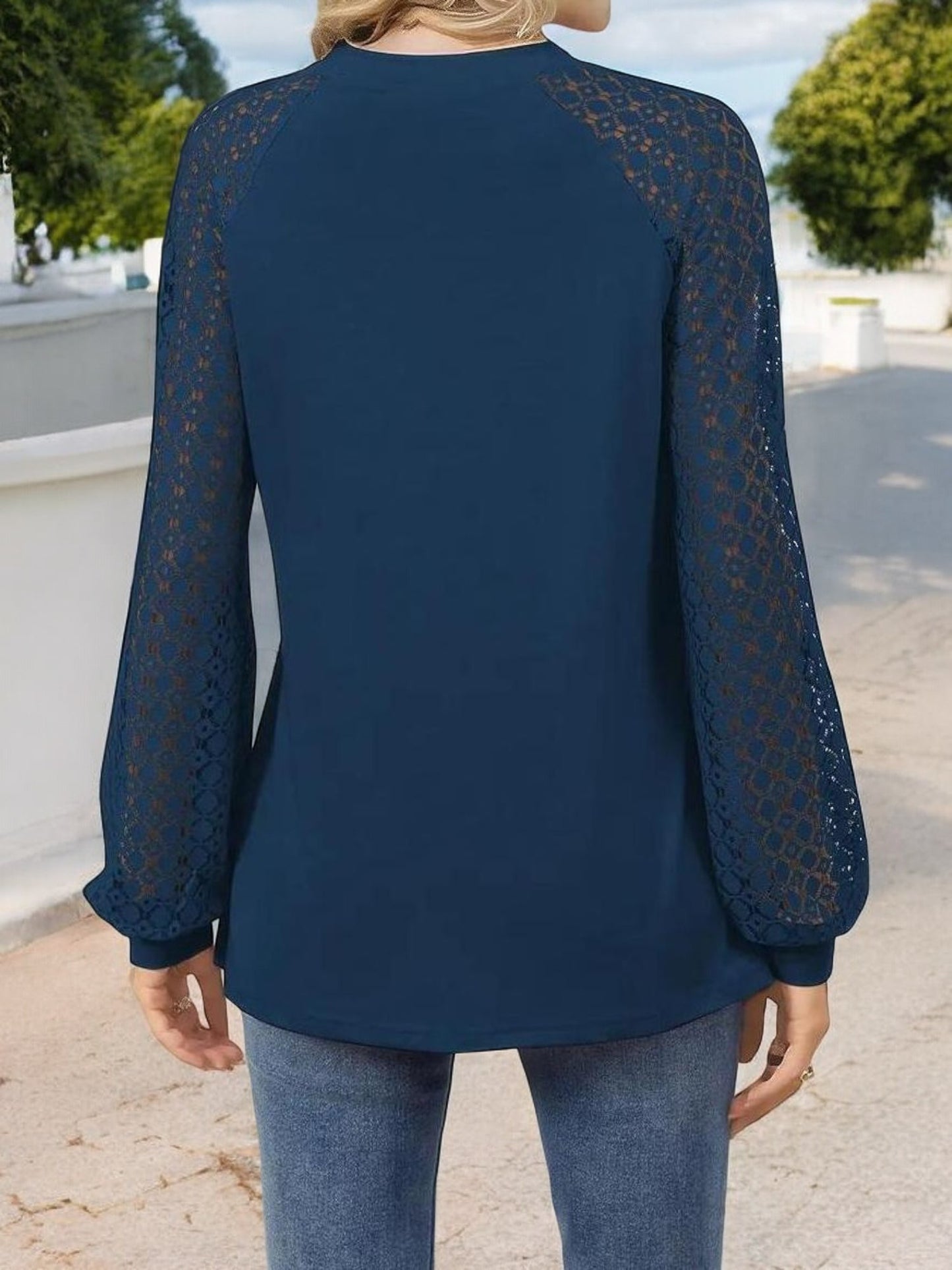 Anna-Kaci Women's Pleated Top with Lace Raglan Sleeves and Casual Fit