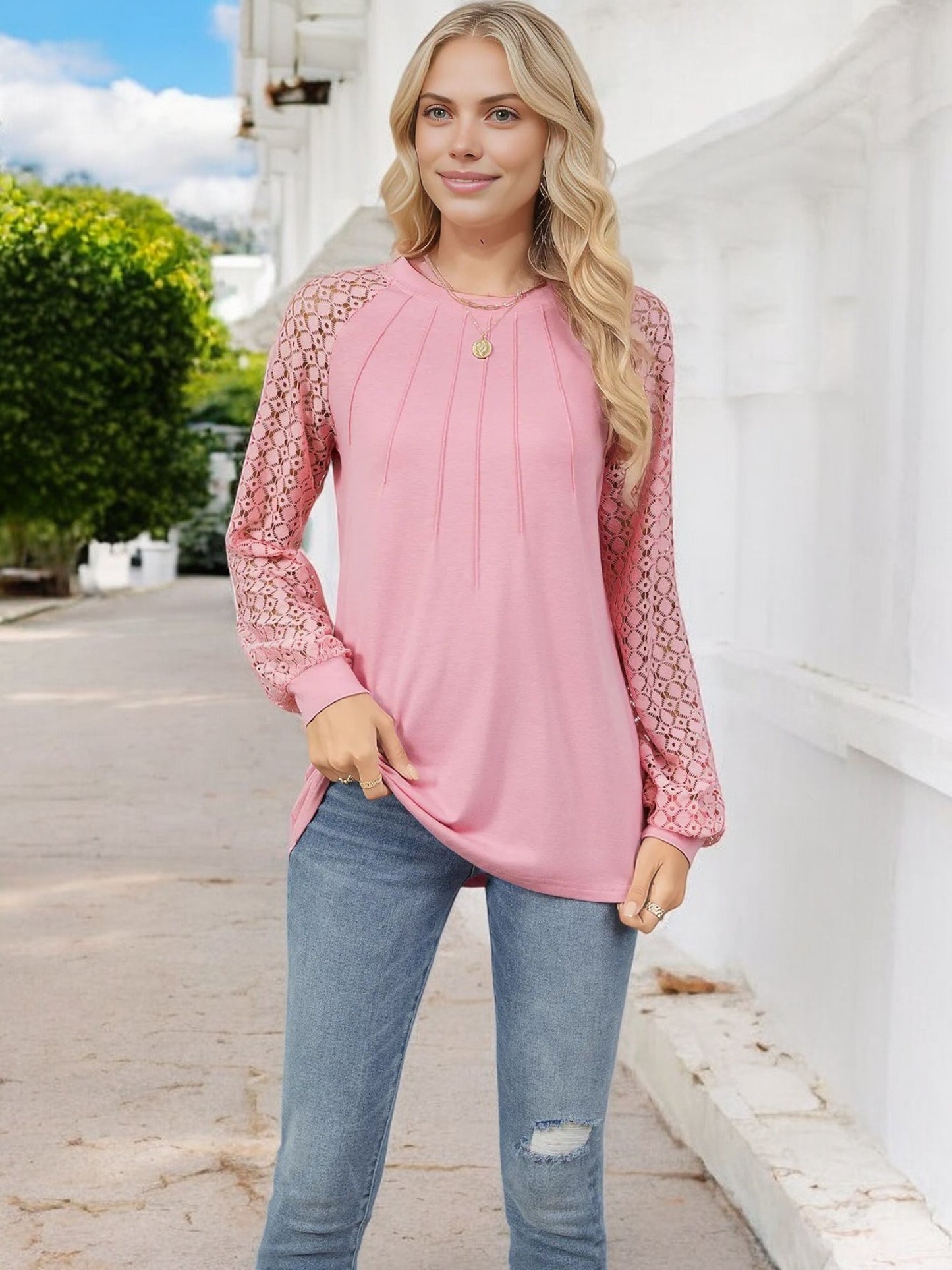 Anna-Kaci Women's Pleated Top with Lace Raglan Sleeves and Casual Fit