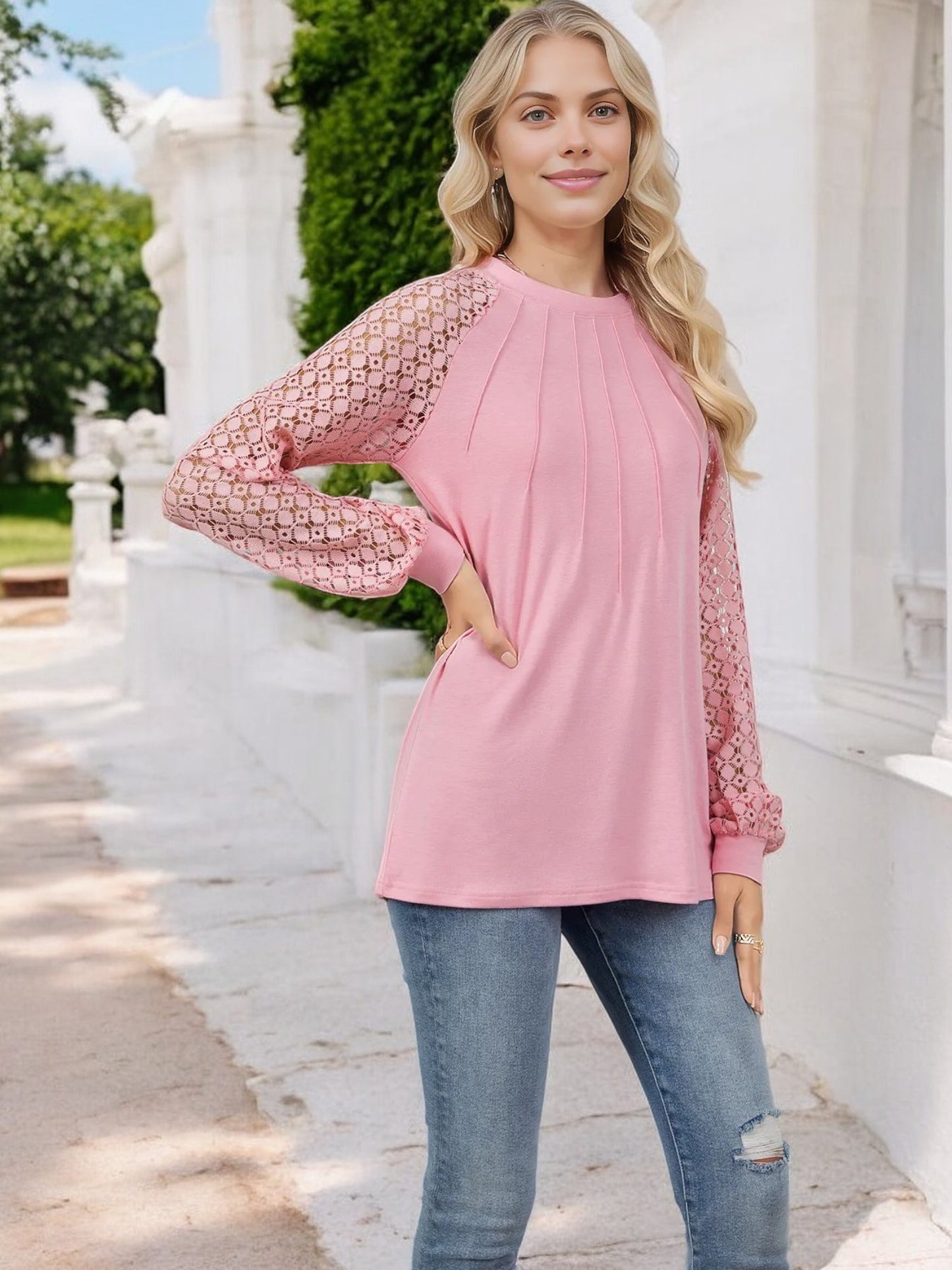 Anna-Kaci Women's Pleated Top with Lace Raglan Sleeves and Casual Fit