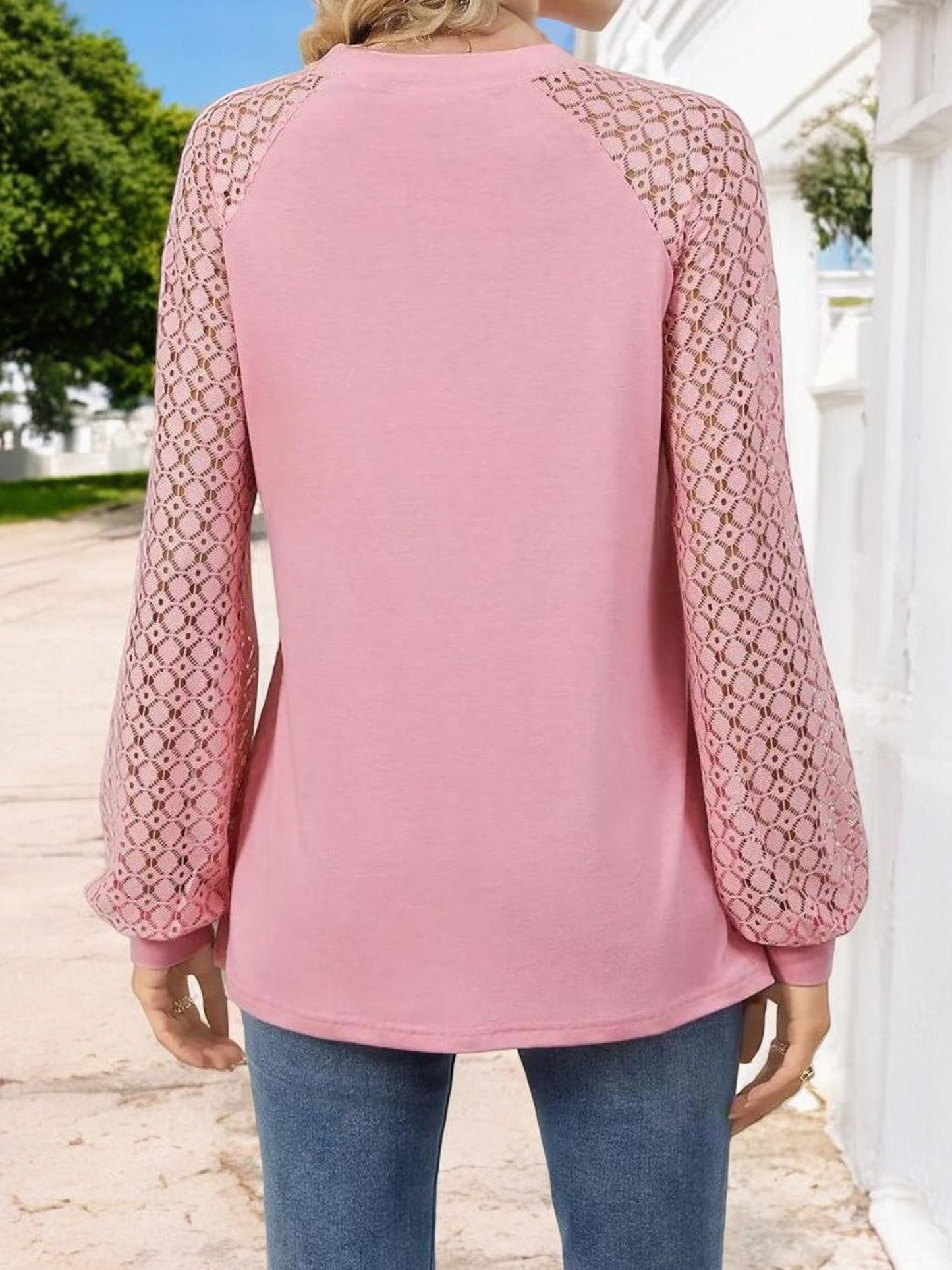 Anna-Kaci Women's Pleated Top with Lace Raglan Sleeves and Casual Fit