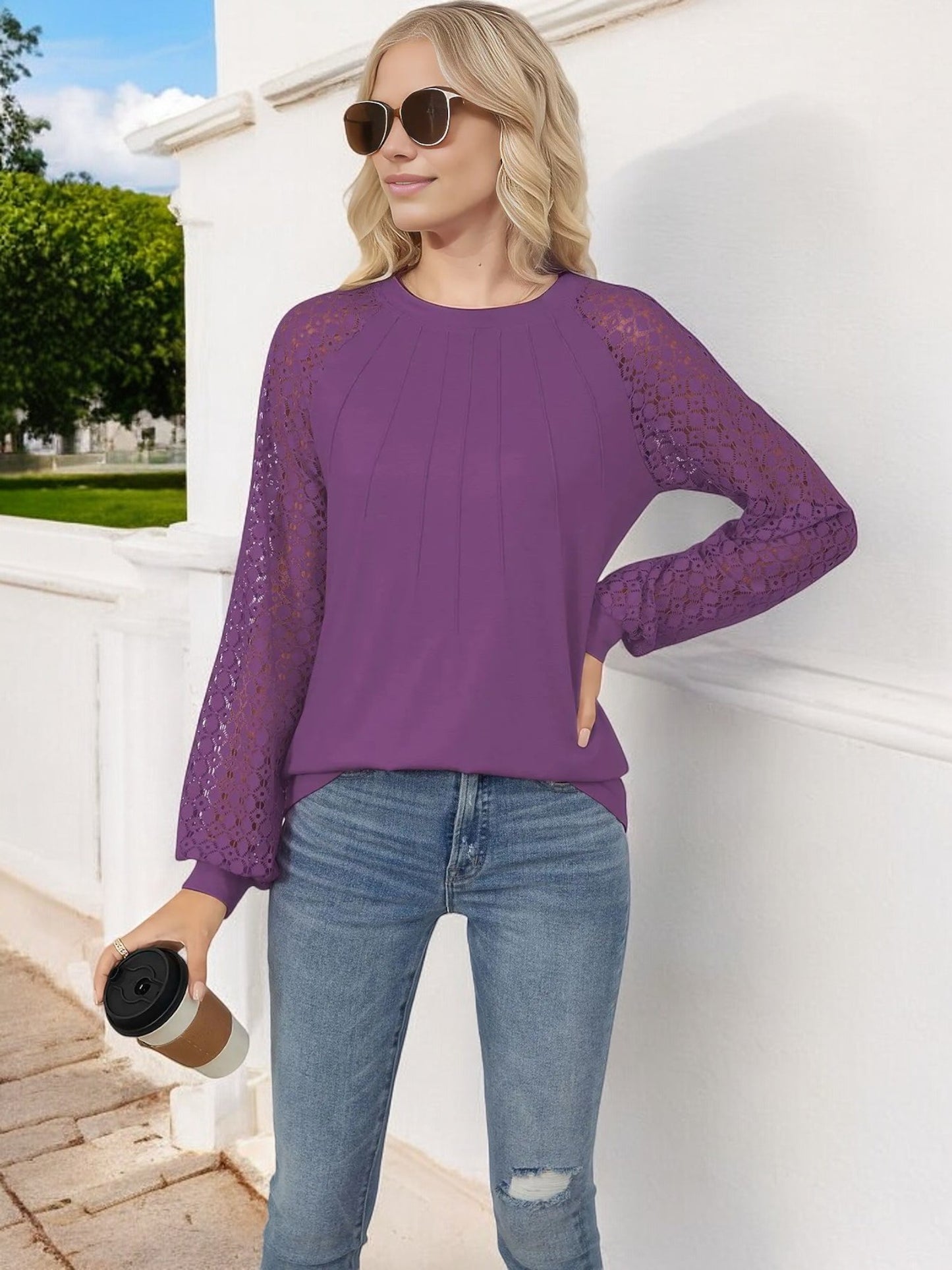 Anna-Kaci Women's Pleated Top with Lace Raglan Sleeves and Casual Fit