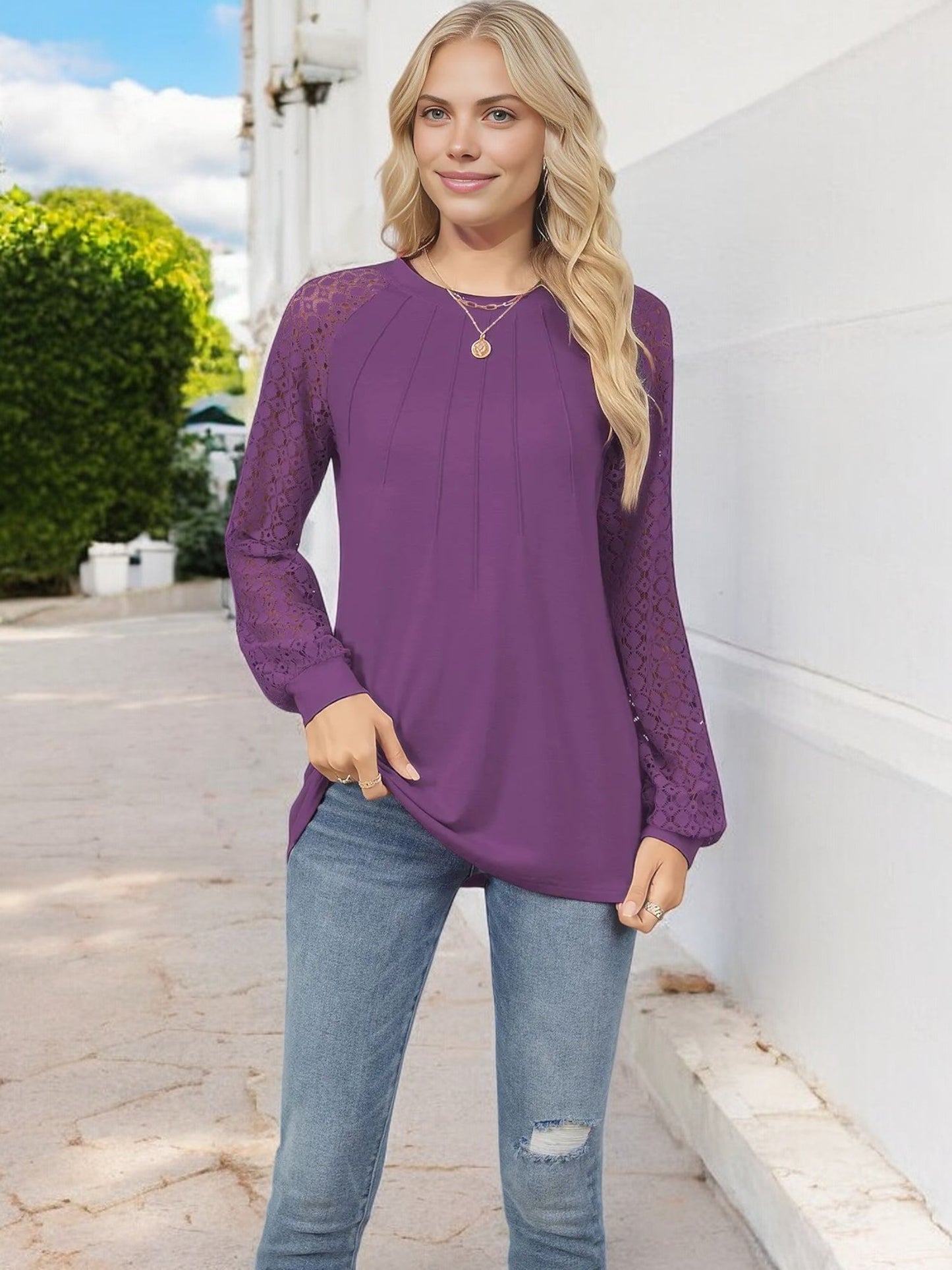 Anna-Kaci Women's Pleated Top with Lace Raglan Sleeves and Casual Fit
