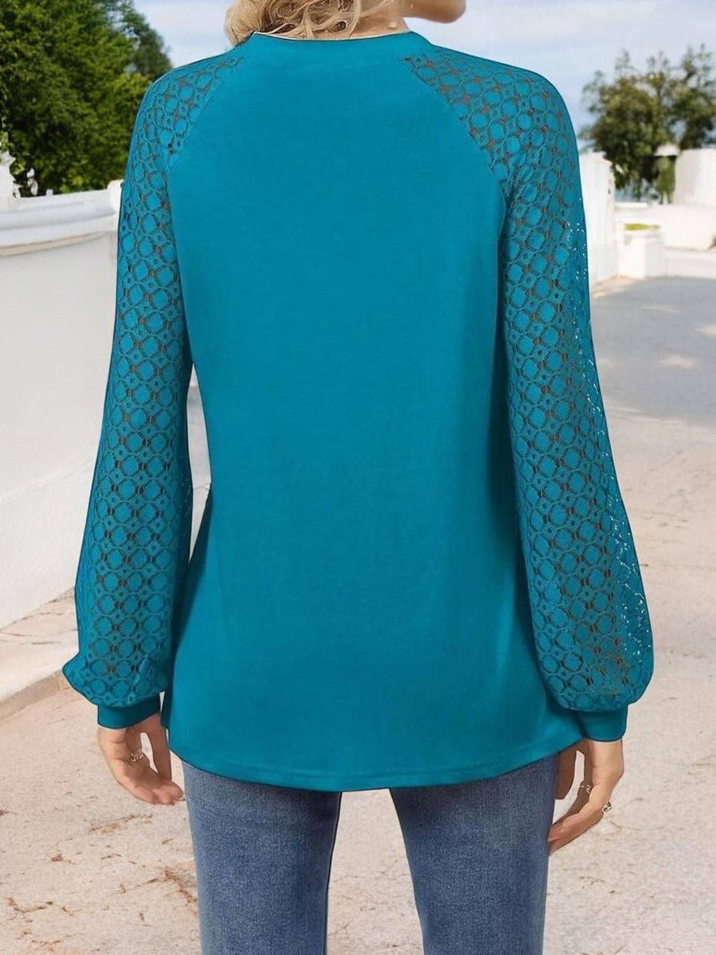 Anna-Kaci Women's Pleated Top with Lace Raglan Sleeves and Casual Fit