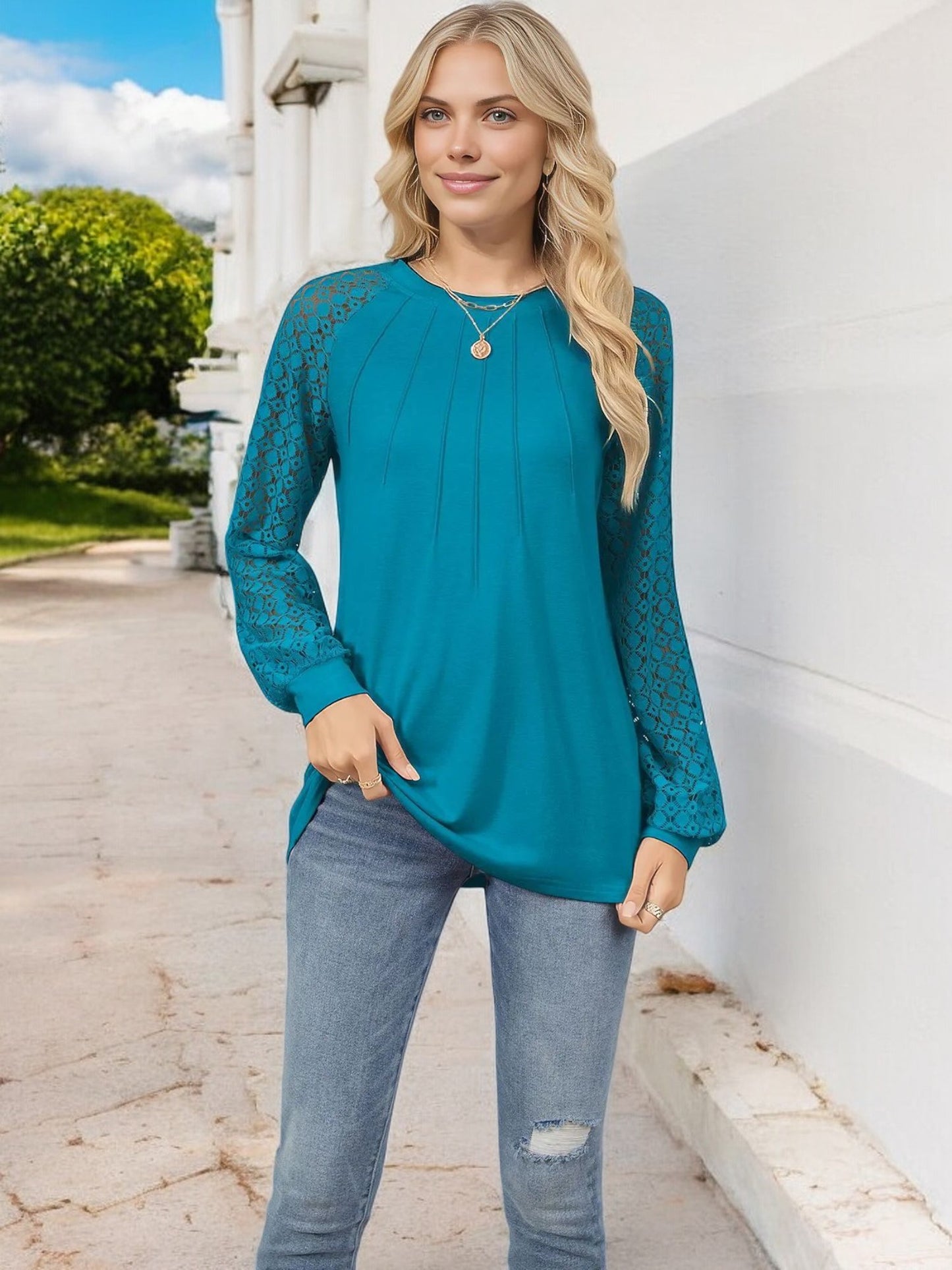 Anna-Kaci Women's Pleated Top with Lace Raglan Sleeves and Casual Fit