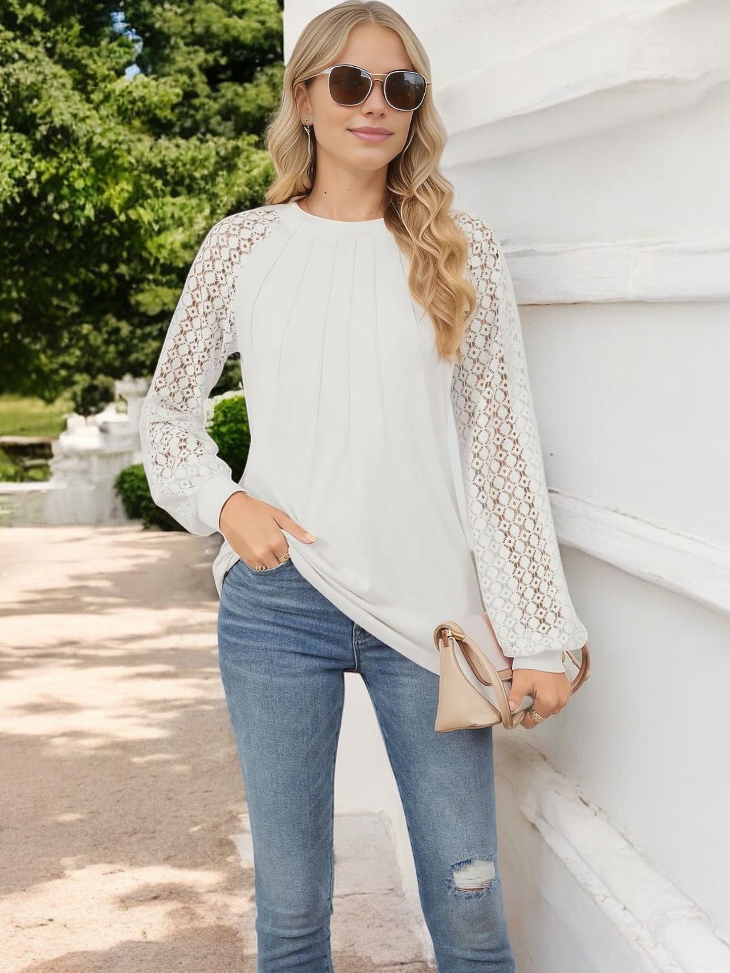 Anna-Kaci Women's Pleated Top with Lace Raglan Sleeves and Casual Fit