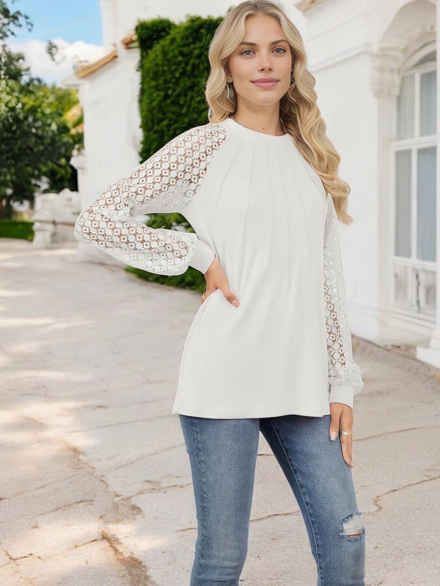 Anna-Kaci Women's Pleated Top with Lace Raglan Sleeves and Casual Fit