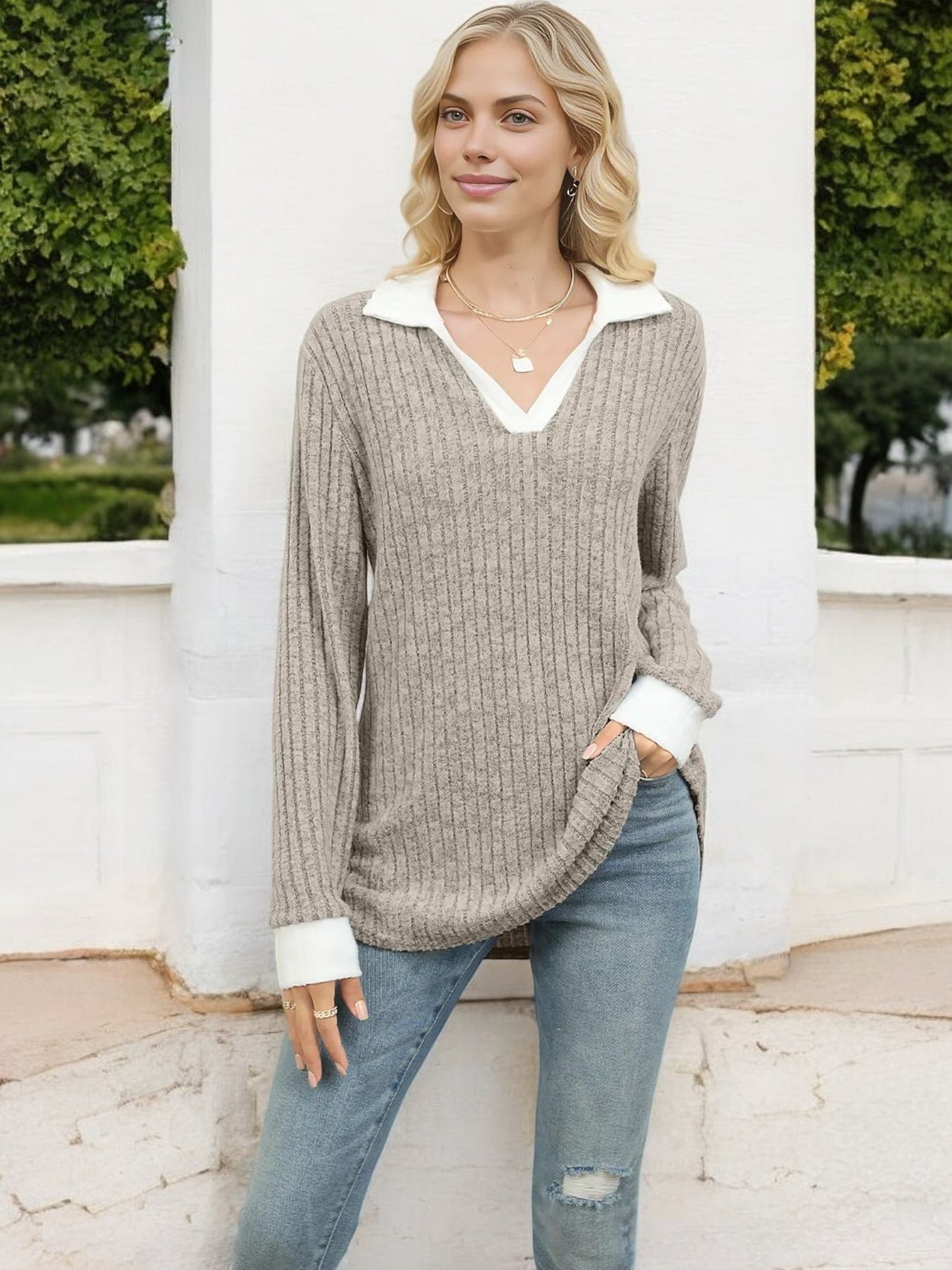 Anna-Kaci Women's Ribbed V-Neck Sweater with Contrast Collar and Cuffs