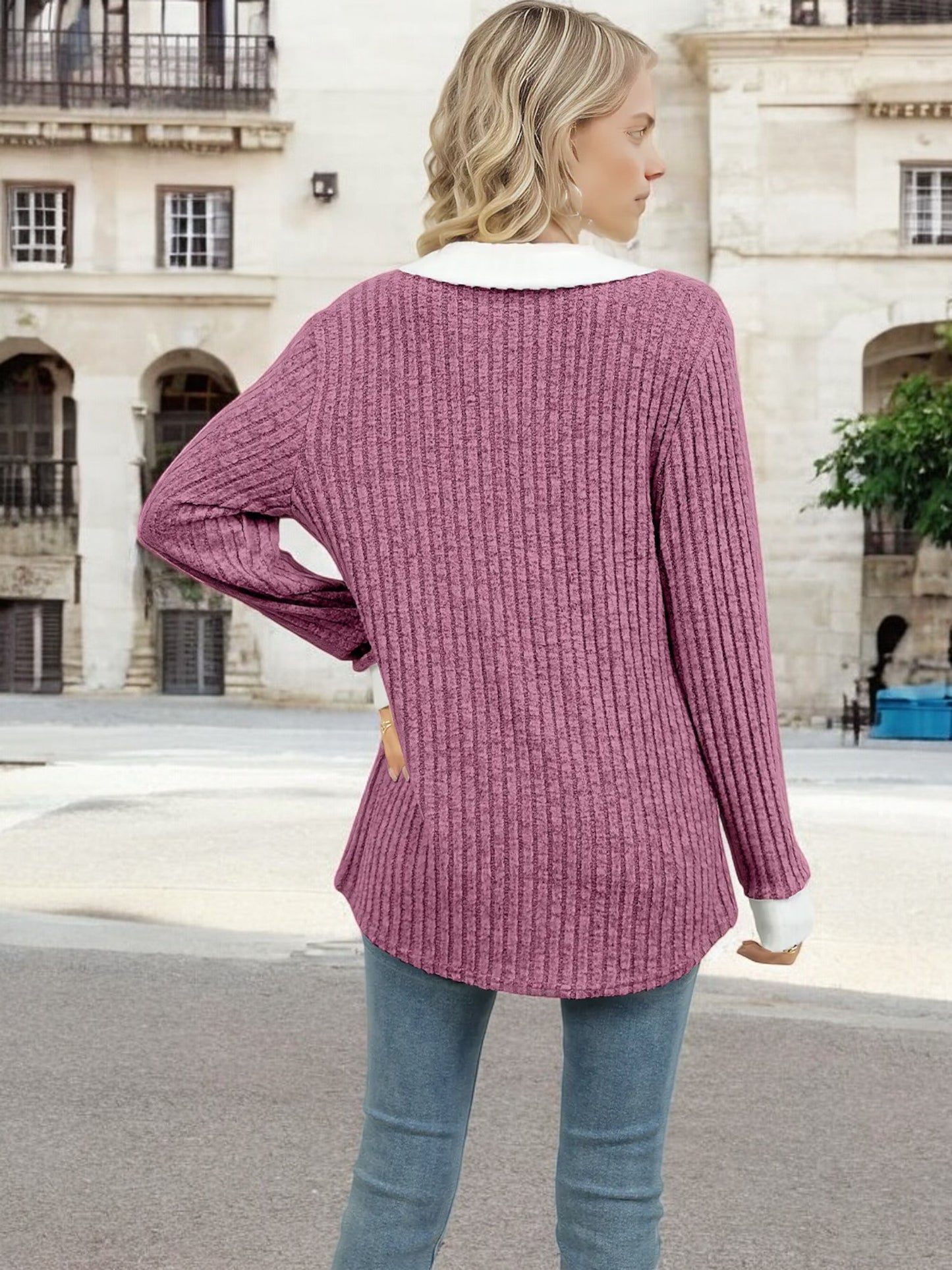 Anna-Kaci Women's Ribbed V-Neck Sweater with Contrast Collar and Cuffs