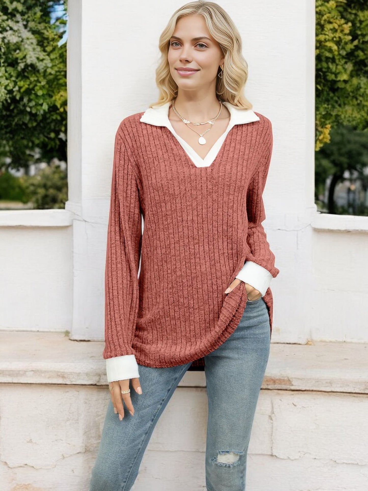 Anna-Kaci Women's Ribbed V-Neck Sweater with Contrast Collar and Cuffs
