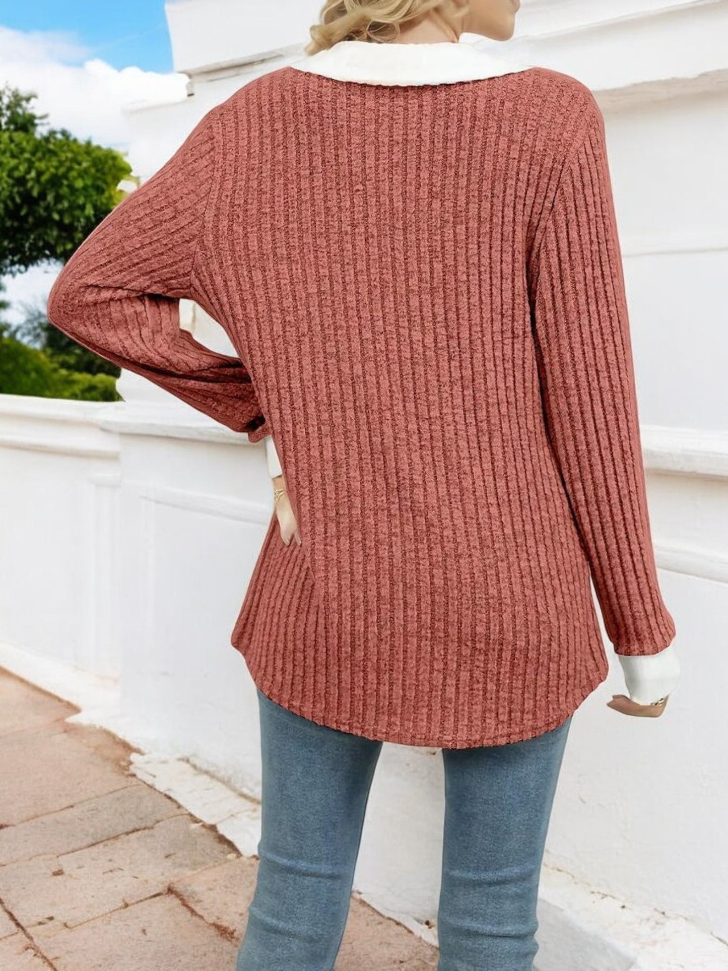 Anna-Kaci Women's Ribbed V-Neck Sweater with Contrast Collar and Cuffs