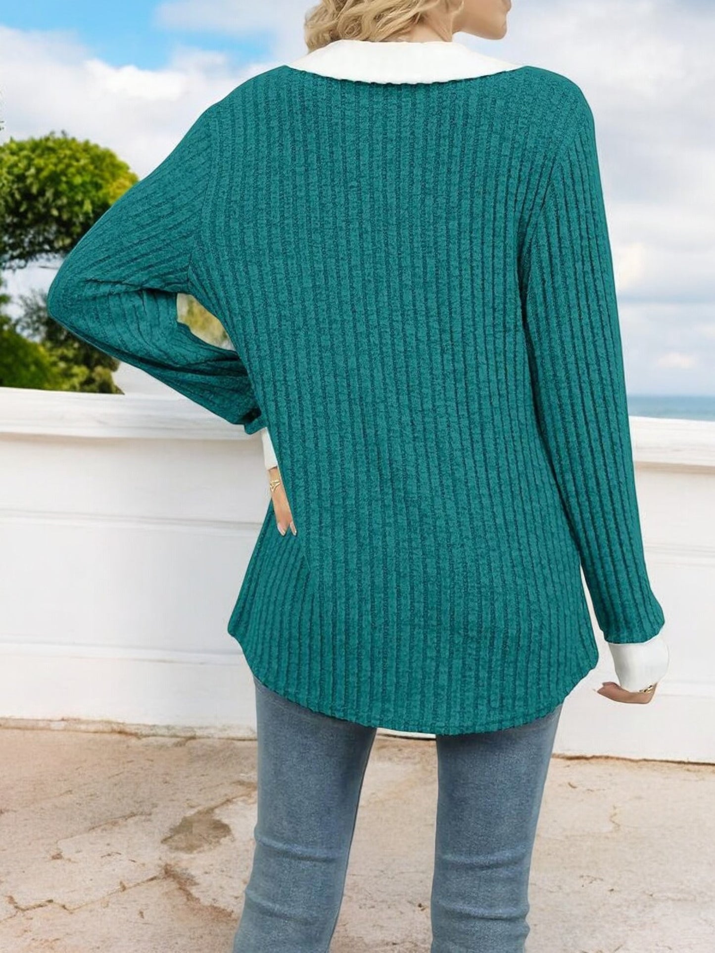 Anna-Kaci Women's Ribbed V-Neck Sweater with Contrast Collar and Cuffs
