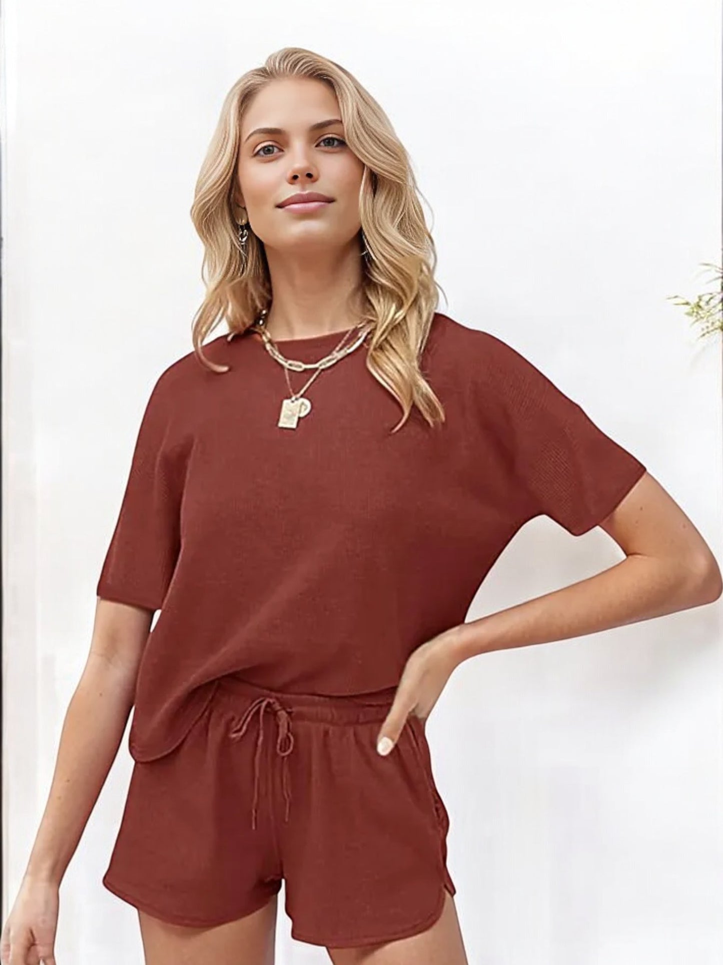 Anna-Kaci Women's Short Sleeve Top and Drawstring Shorts Set with Pockets