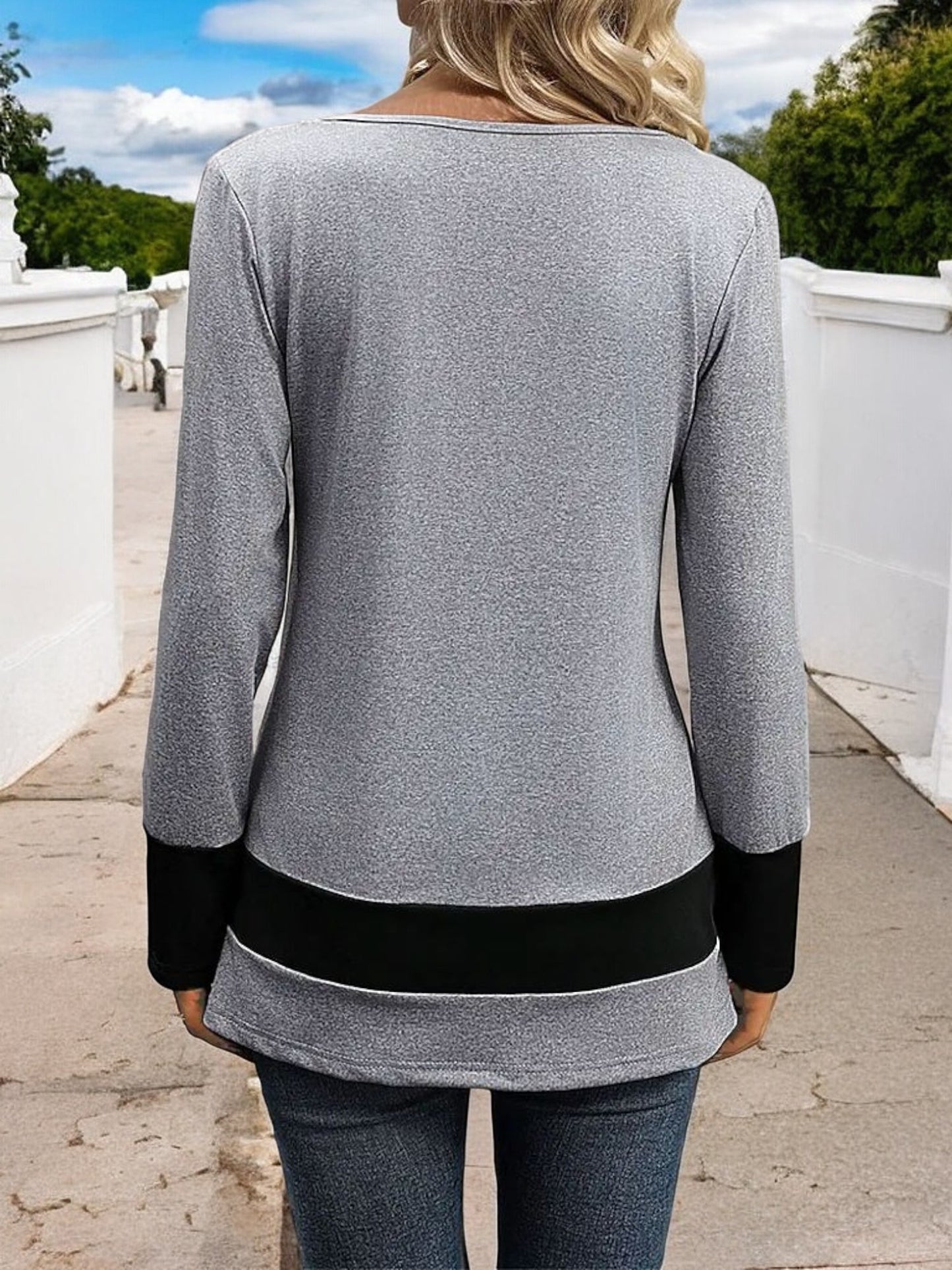 Anna-Kaci Women's Long Sleeve Color Block V-Neck Top with Button Accents and Stylish Hemline