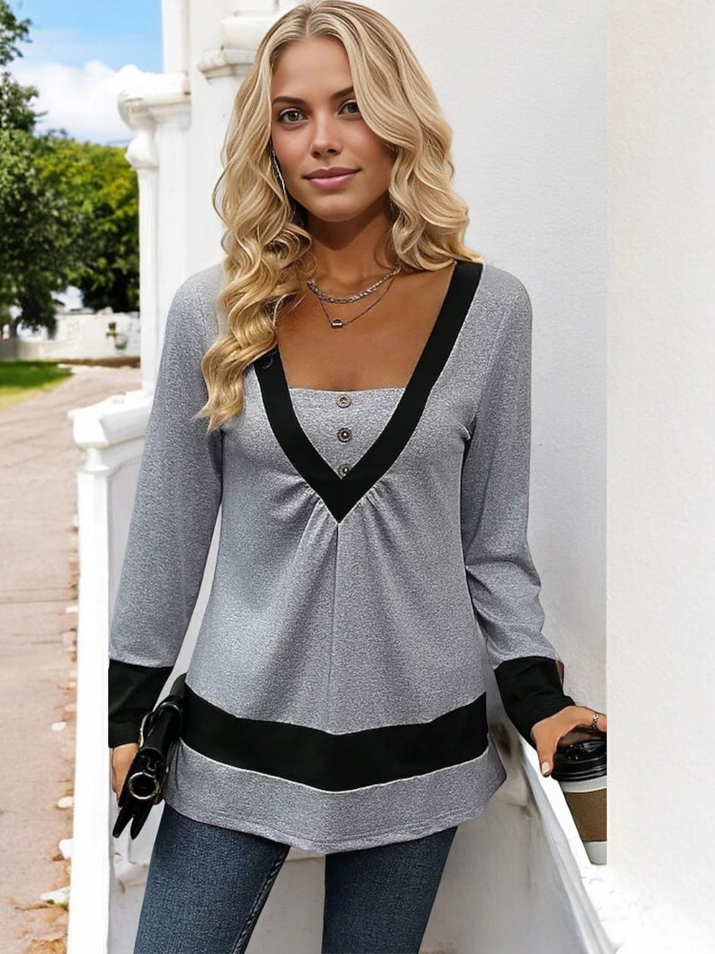 Anna-Kaci Women's Long Sleeve Color Block V-Neck Top with Button Accents and Stylish Hemline
