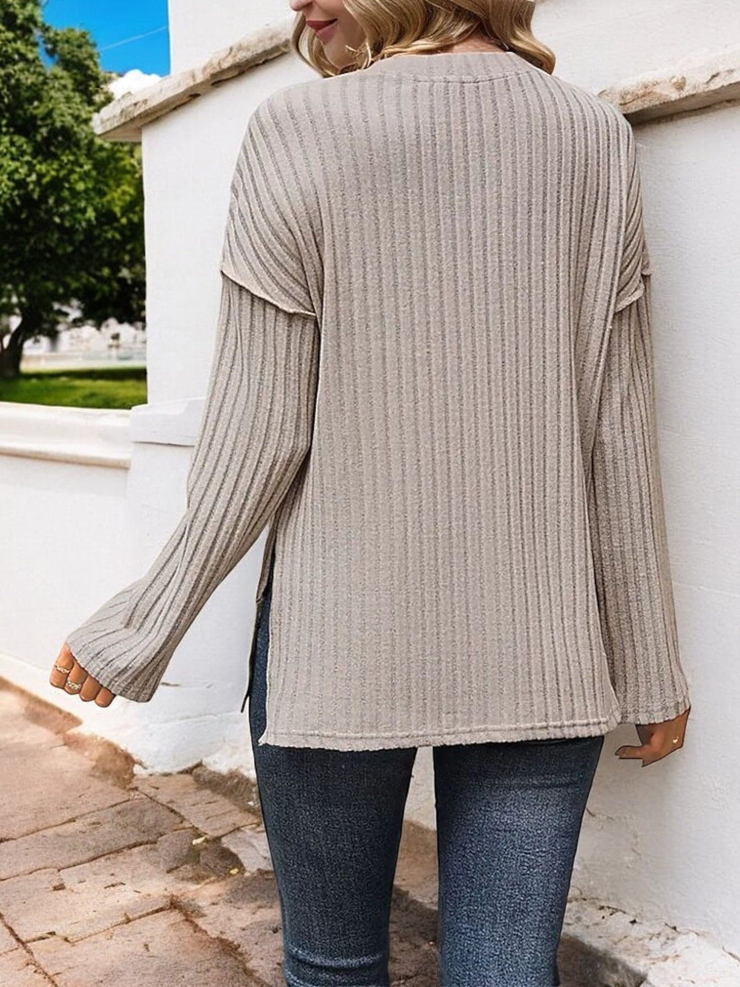 Anna-Kaci Women's Ribbed Long Sleeve Henley Top with Button Placket