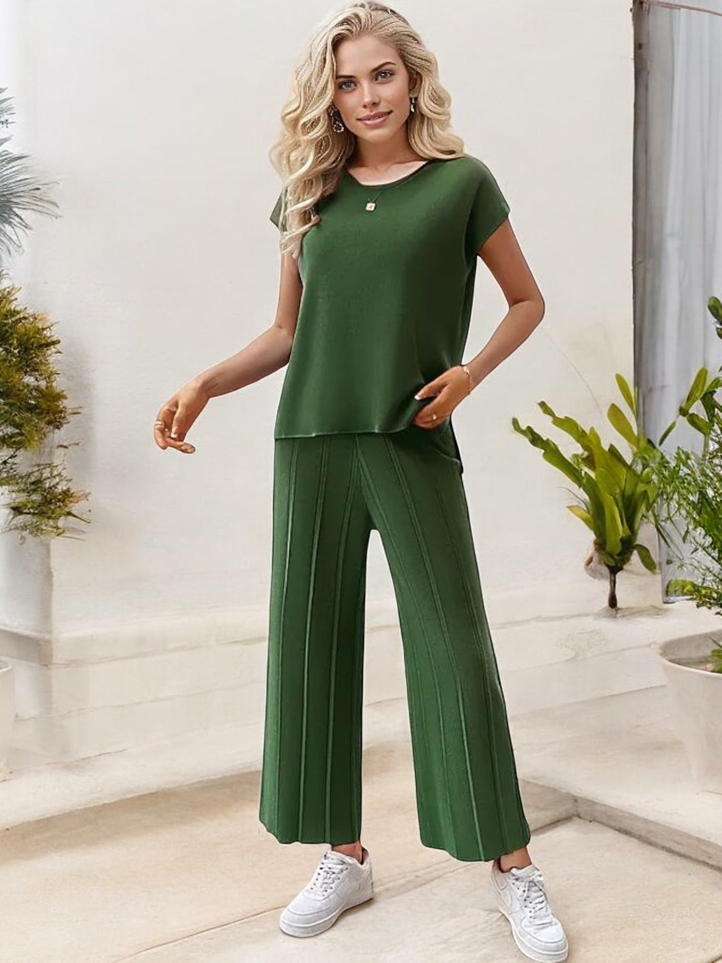Anna-Kaci Women's Ribbed Knit Two-Piece Set with Cap Sleeve Top and Wide-Leg Pants