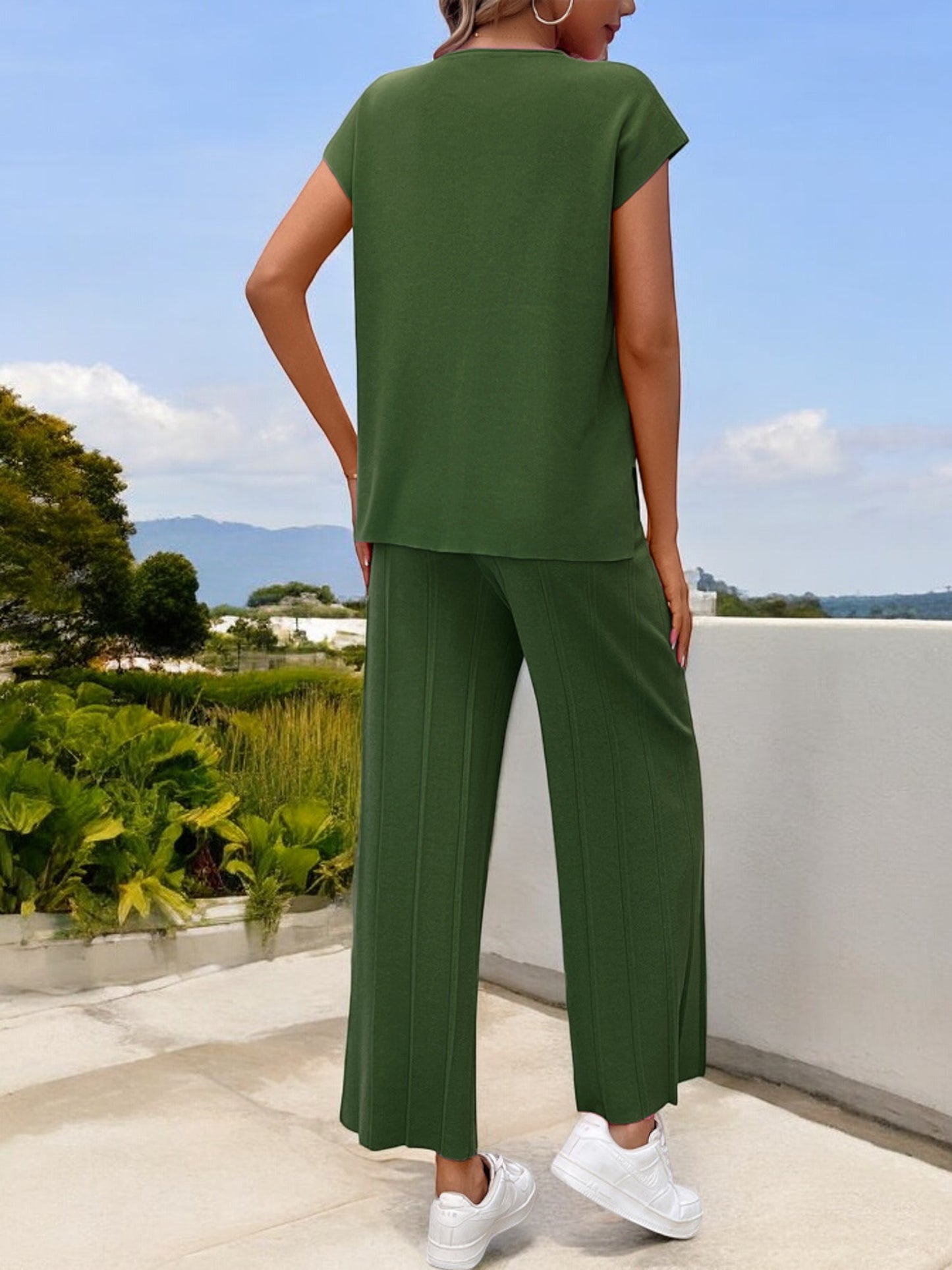 Anna-Kaci Women's Ribbed Knit Two-Piece Set with Cap Sleeve Top and Wide-Leg Pants