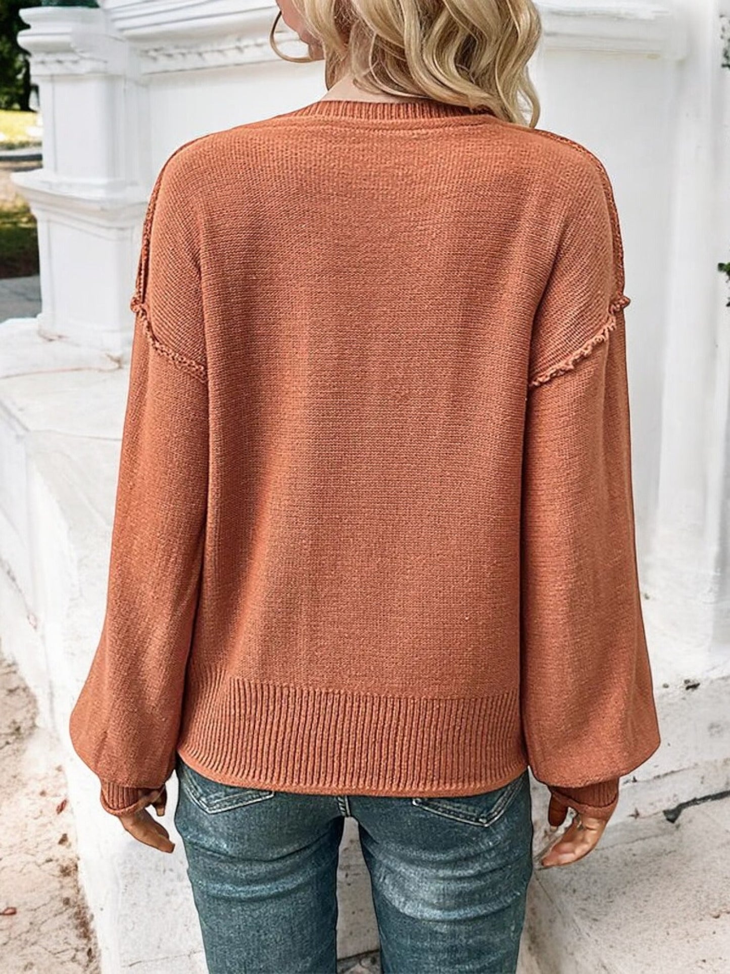 Anna-Kaci Women's V-Neck Long Sleeve Pullover Sweater with Raw Edge Details