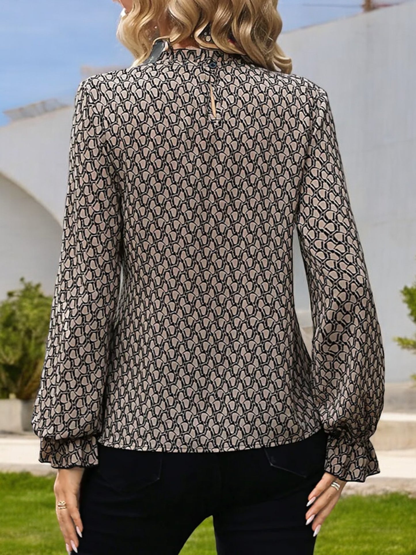 Anna-Kaci Women's Long Sleeve Printed Blouse with Tie Waist and Shirred High Neck