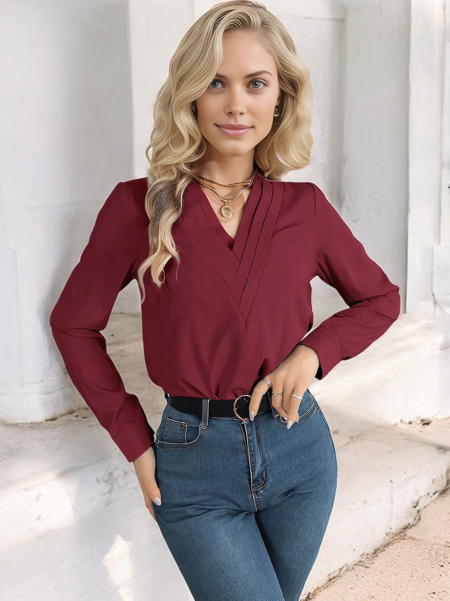 Anna-Kaci Women's Long Sleeve V-Neck Blouse with Layered Trim Detail