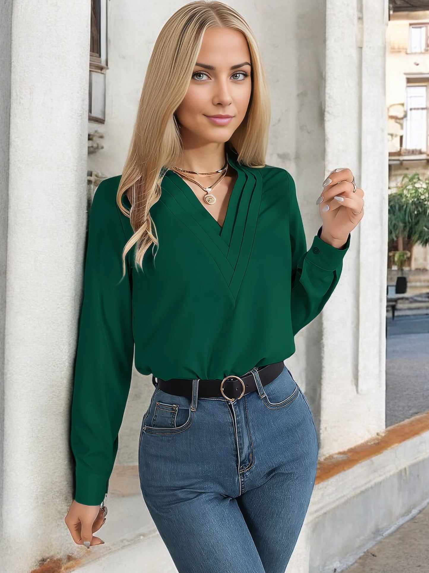 Anna-Kaci Women's Long Sleeve V-Neck Blouse with Layered Trim Detail