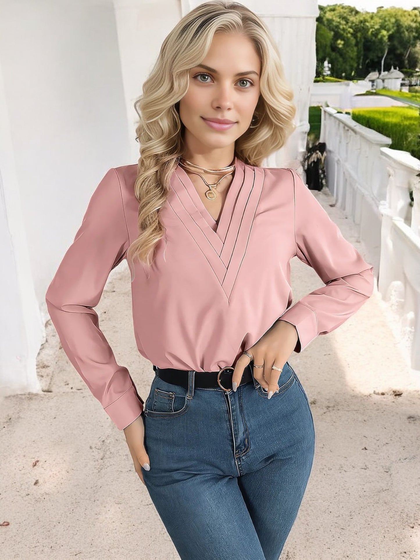 Anna-Kaci Women's Long Sleeve V-Neck Blouse with Layered Trim Detail